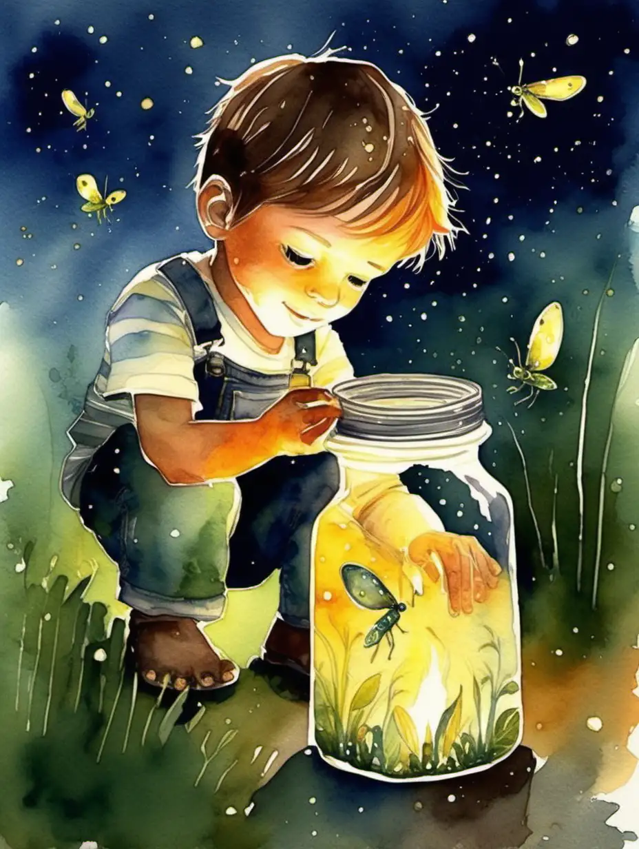 Adorable little boy collecting fire flys in a jar, watercolour