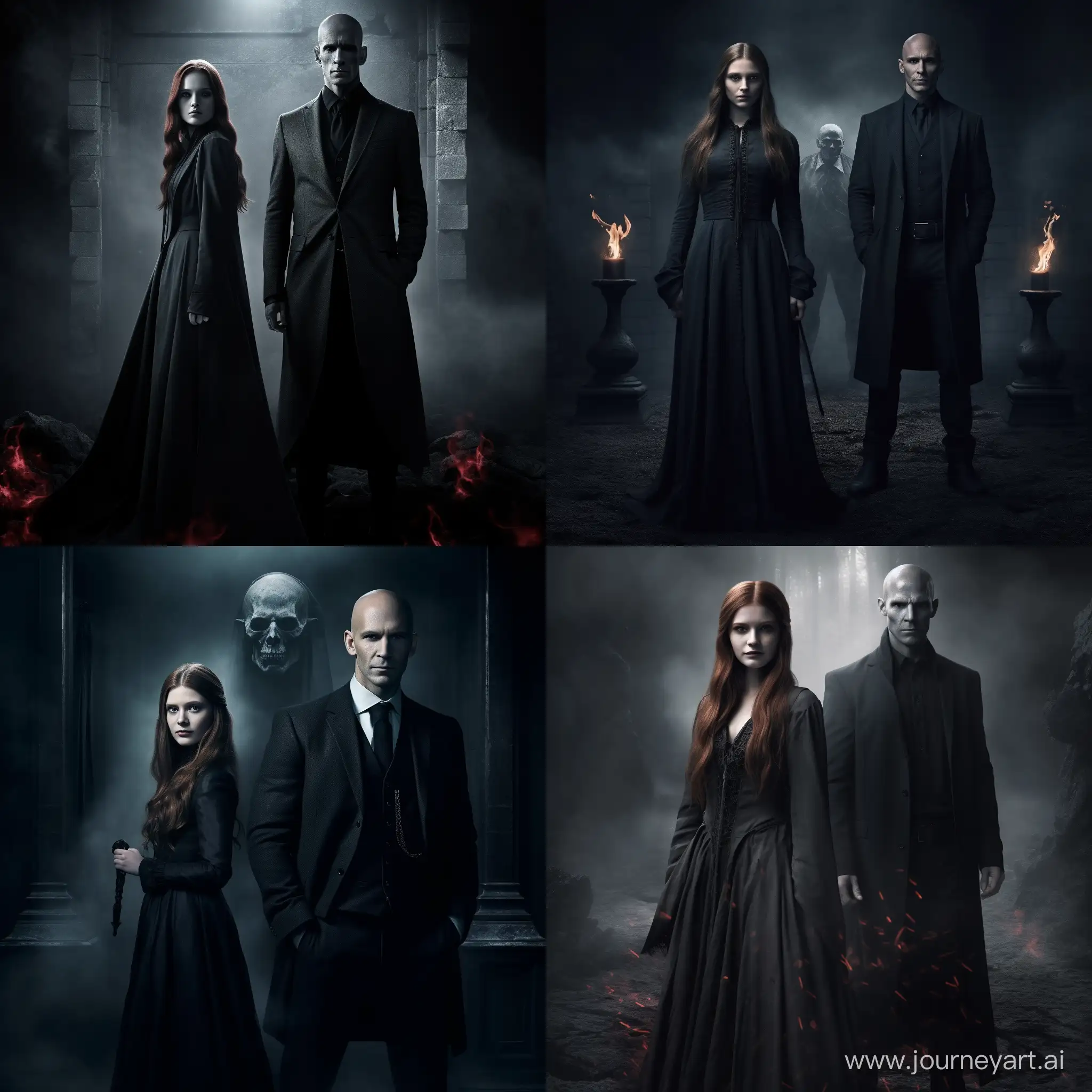 Dark Lord Voldemort stands next to his successor Ginny Weasley, magic, Hogwarts