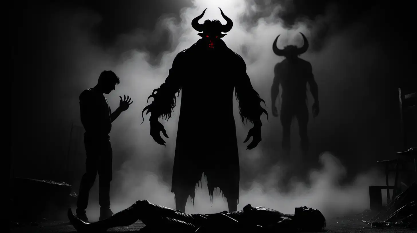 The silhouette of Monster with bull head and human body with his knified fingers
seen from behind holding a head of victim, a scene with death bodies around, anthropomorphic, in a dimly lit scene with fog, monochrome red black noir film, 80s crime scene, dark theme --s 200 --style raw --ar 16:9 --v 6.0