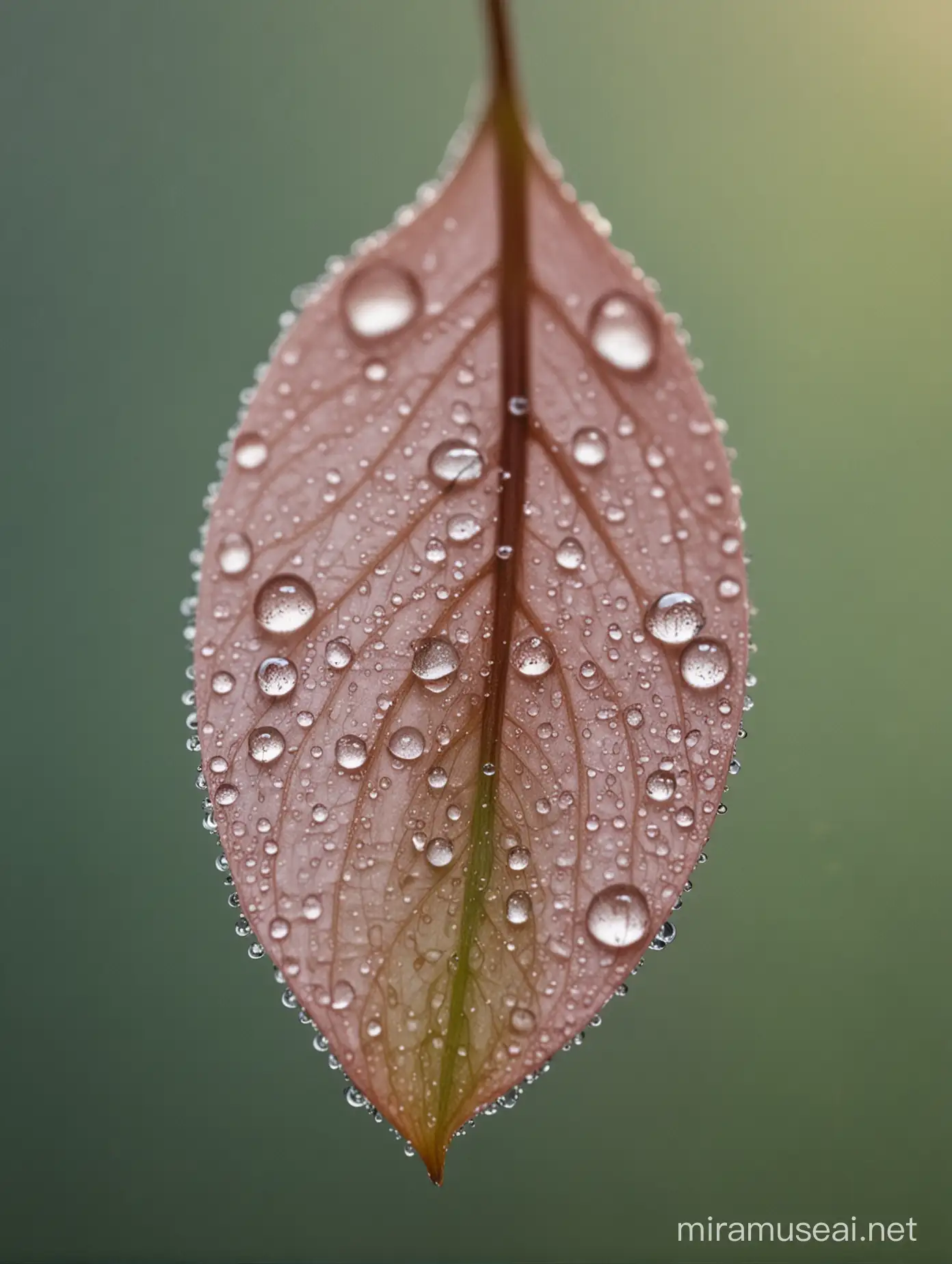 Photographic, cinematic, A macro photograph of a flower petal covered in morning dew, with each droplet reflecting the surrounding environment, capturing the purity and freshness of spring.