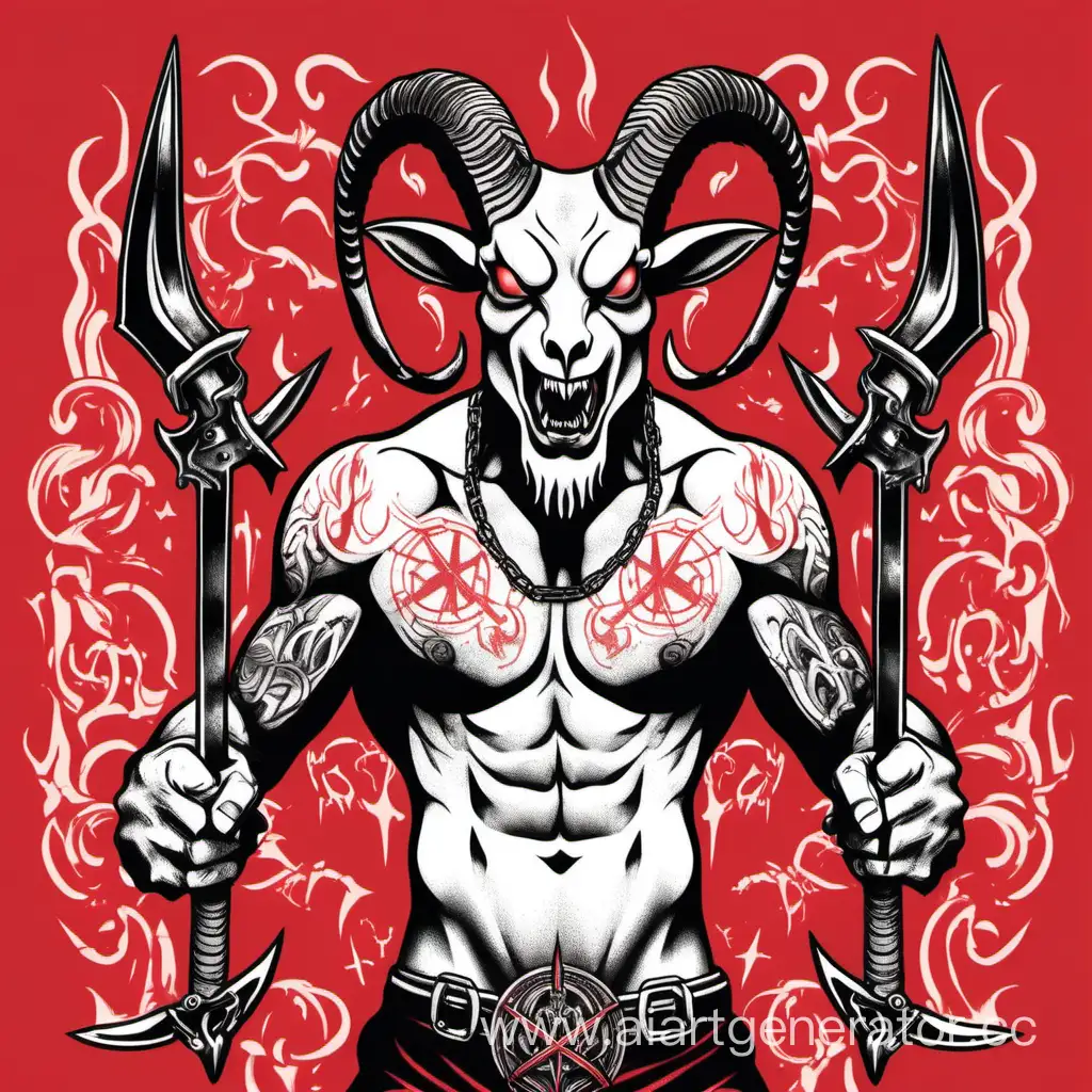 Накаченый человек с голым торсом в сатанинских татуировках в маске козла с острыми зубами на крсном фоне , с двумя мечами в руках