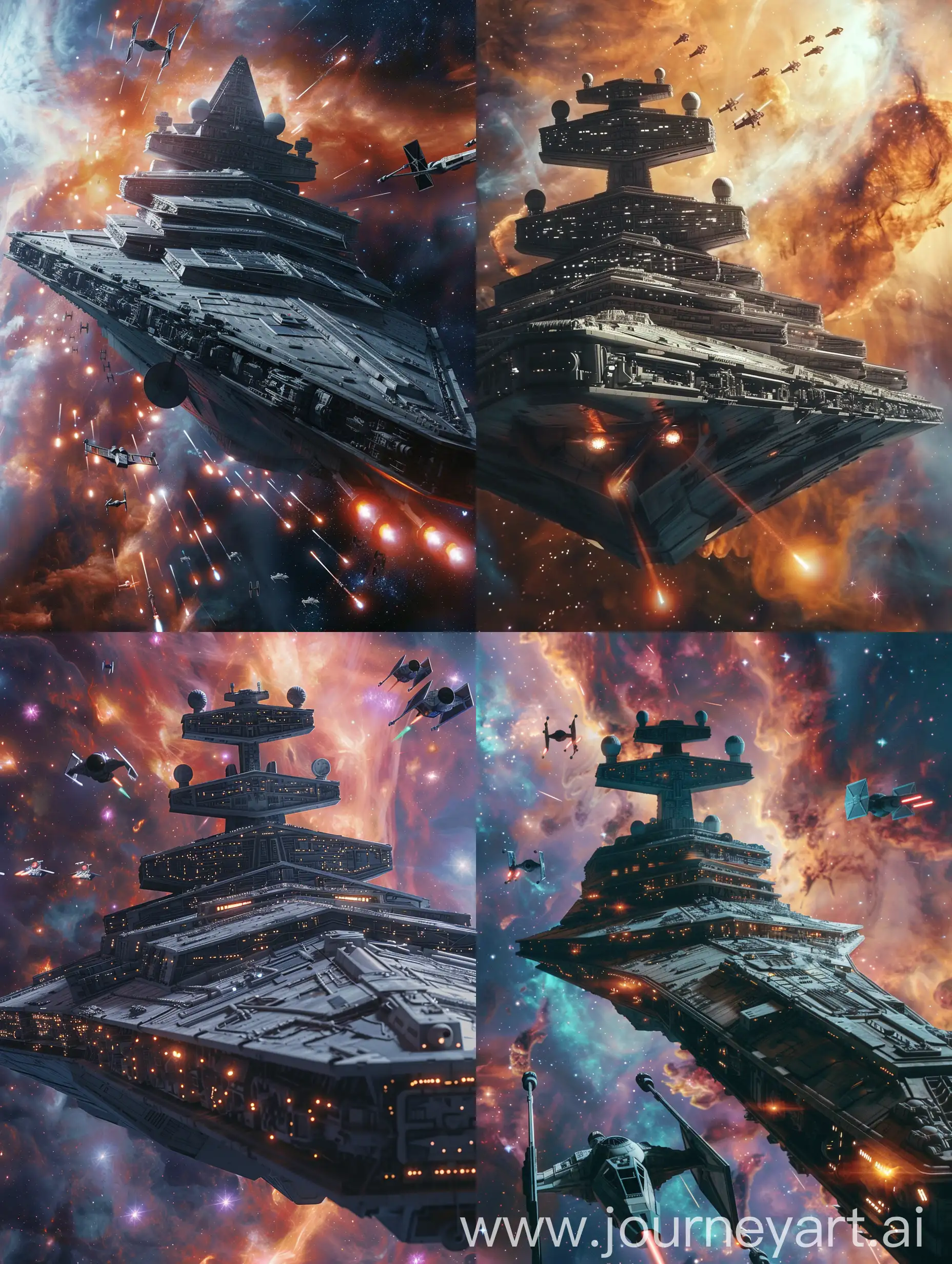star wars, capital ship, launching starfighters, docking bay, nebula background