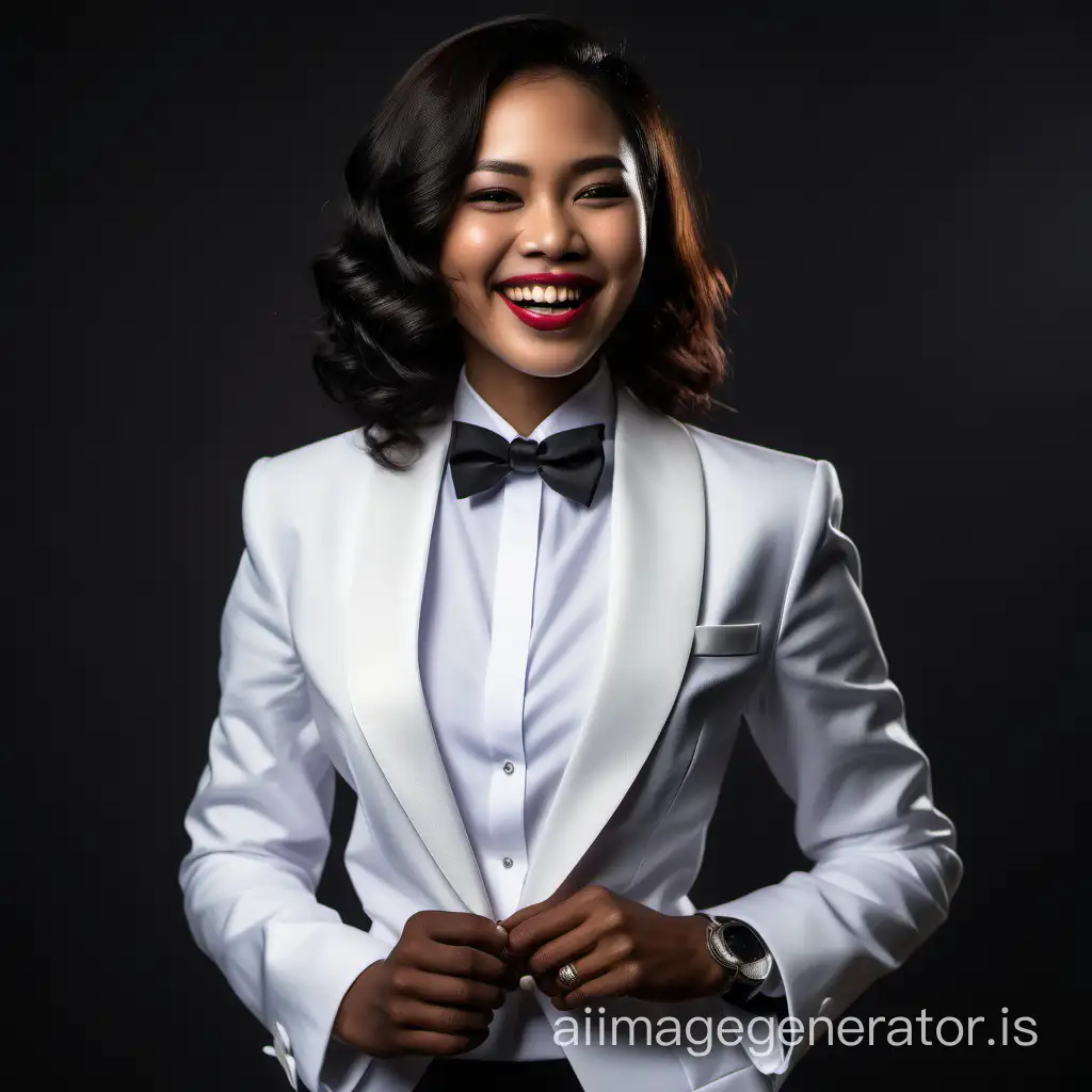 Beautiful dark-skinned Thai woman with shoulder-length hair and lipstick wearing a tuxedo with a white jacket. Her shirt is white with double French cuffs and a wing collar. Her bowtie is black. Her cummerbund is black. Her cufflinks are black. She is smiling and laughing. Her jacket is open.