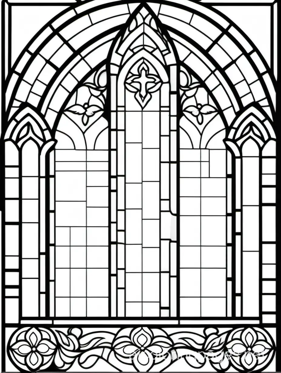 Church STAINED GLASS WINDOW, Coloring Page, black and white, line art, white background, Simplicity, Ample White Space. The background of the coloring page is plain white to make it easy for young children to color within the lines. The outlines of all the subjects are easy to distinguish, making it simple for kids to color without too much difficulty
