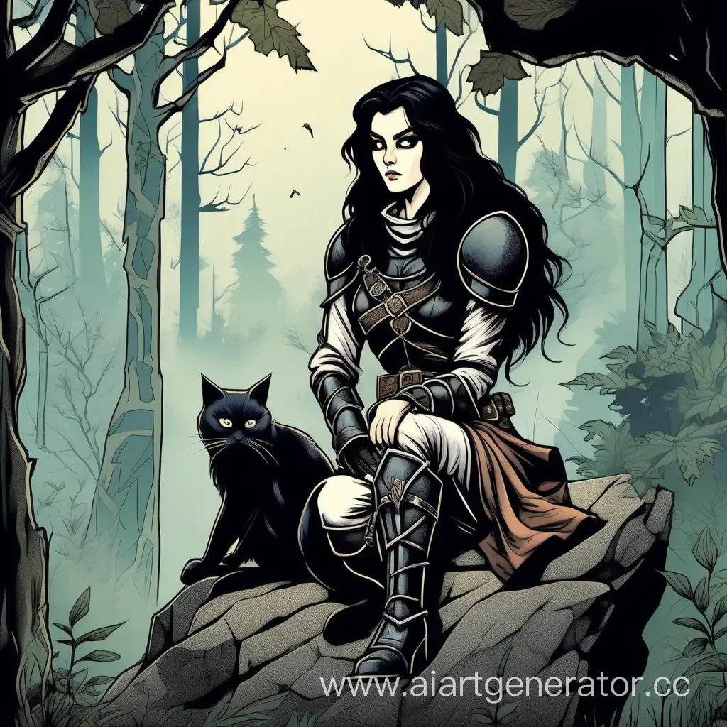 Medieval-Style-Female-Bandit-with-Black-Cat-in-Misty-Forest