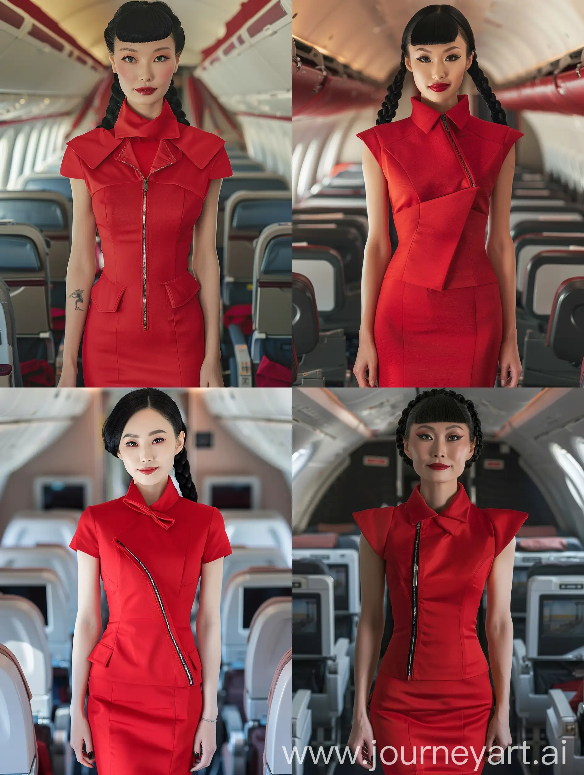 Woman, 40 Years Old, Japanese, Femininity, Model Look, Slim Body, Black Braided Hair, Makeup, Professional Look, Modern Stewardess Red Uniform, Formal Red Dress, Zip Up, Fastened, Large Folded Collar, Short Sleeves, Standing in Airplane Cabin, Smiling, Proud Pose, Close Up View, Photography, Realism