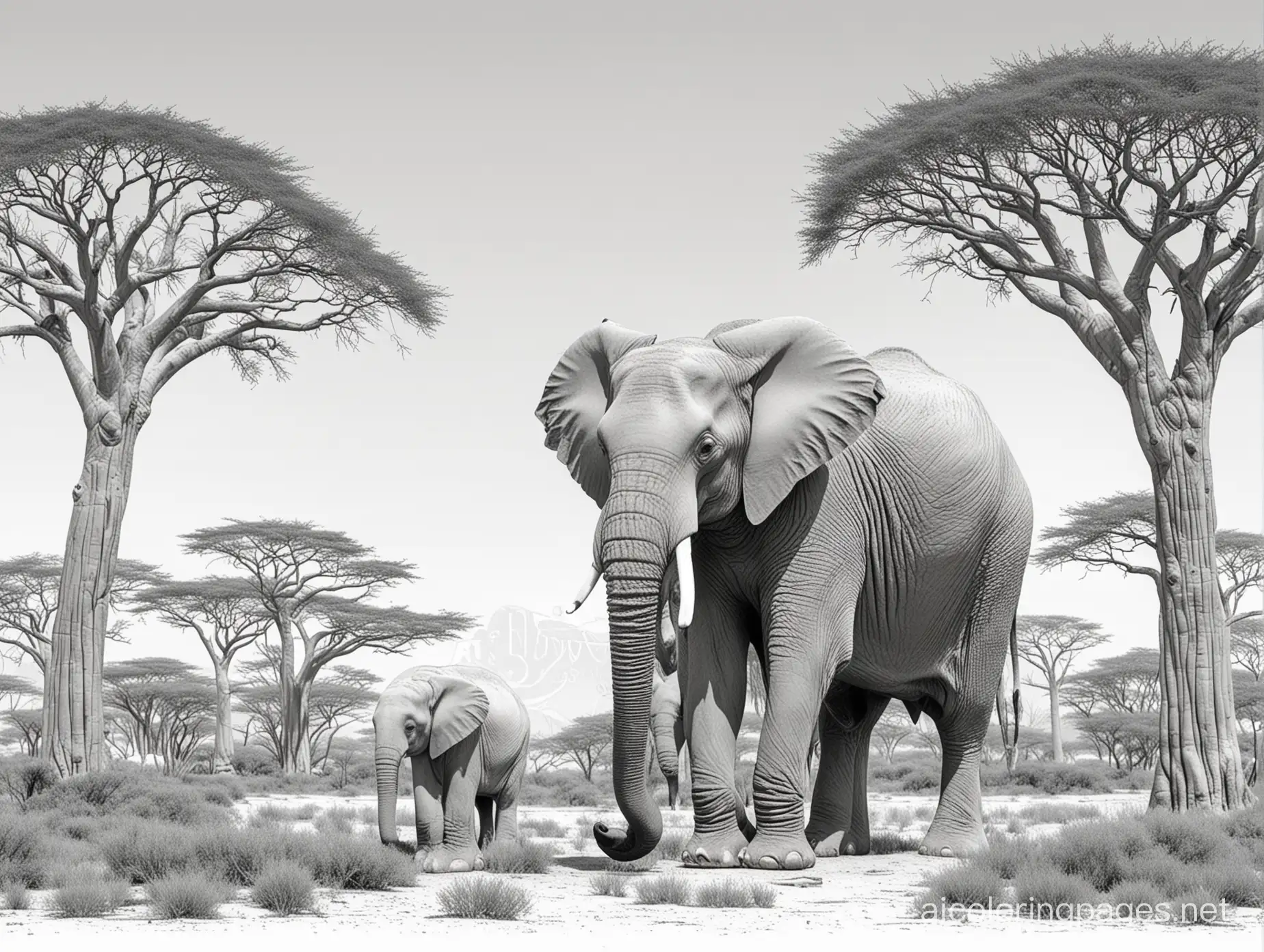 Elephant and two emperor penguins standing among baobab and acacia trees and short grasses, Coloring Page, black and white, line art, white background, Simplicity, Ample White Space. The background of the coloring page is plain white to make it easy for young children to color within the lines. The outlines of all the subjects are easy to distinguish, making it simple for kids to color without too much difficulty