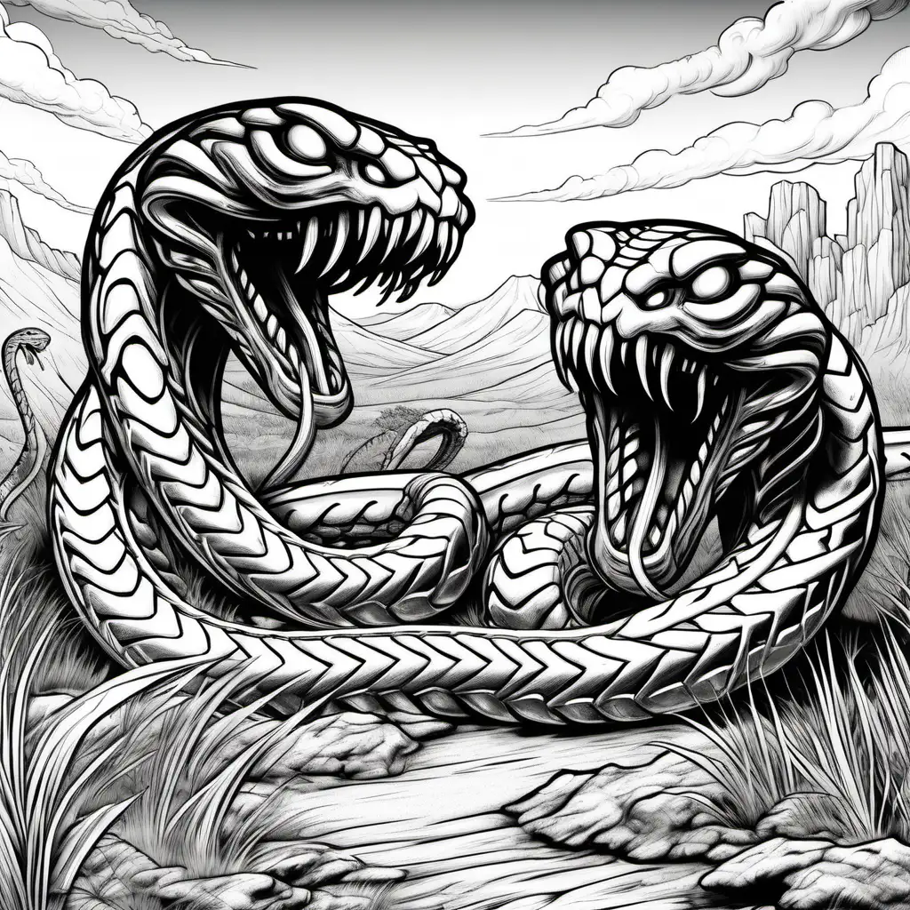 two giant metallic monsters snakes, crawling on land, chasing humans, coloring pages