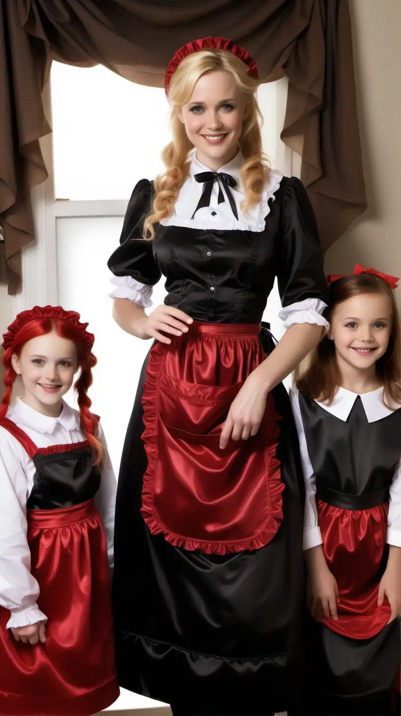 girls in long crystal silk  red black lila retro victorian maid gown with apron and peter pan colar and long and short sleeves costume and milf mothers long blonde and red hair,black hair rachel macadams  smile in house