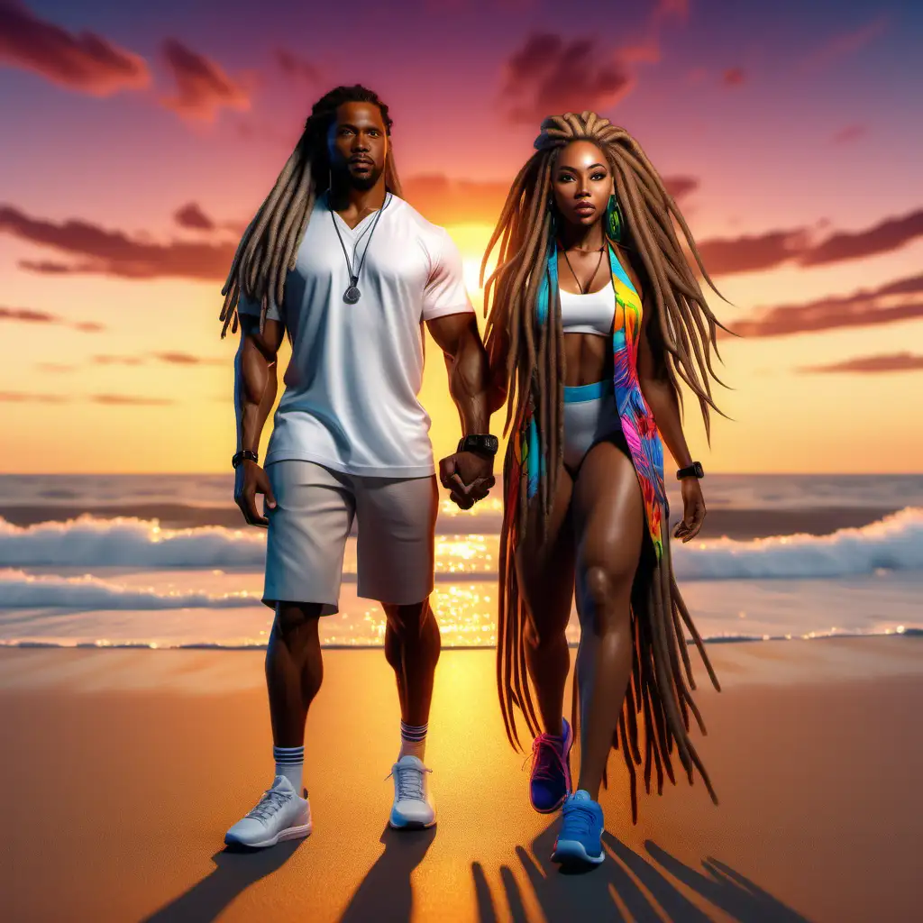  Create an 8k high society beautiful, indecent, fluid 8k hyper detailed african american woman with long flowing dreadlocks. Along with a handsome african american man well dressed with tennis shoes Standing on a beautiful beach with a beautiful colorful sunset