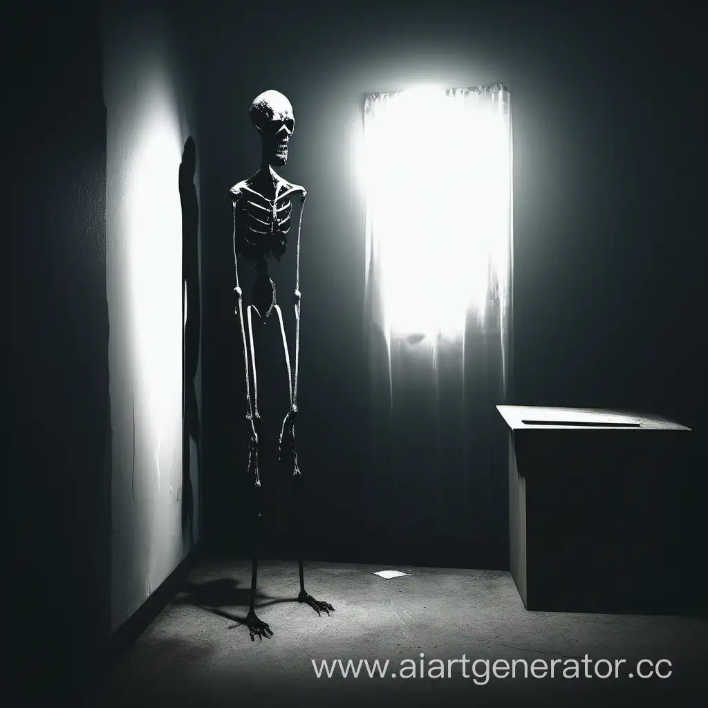 tall dusturbing inhumal  object standing in the corner of the dark room


