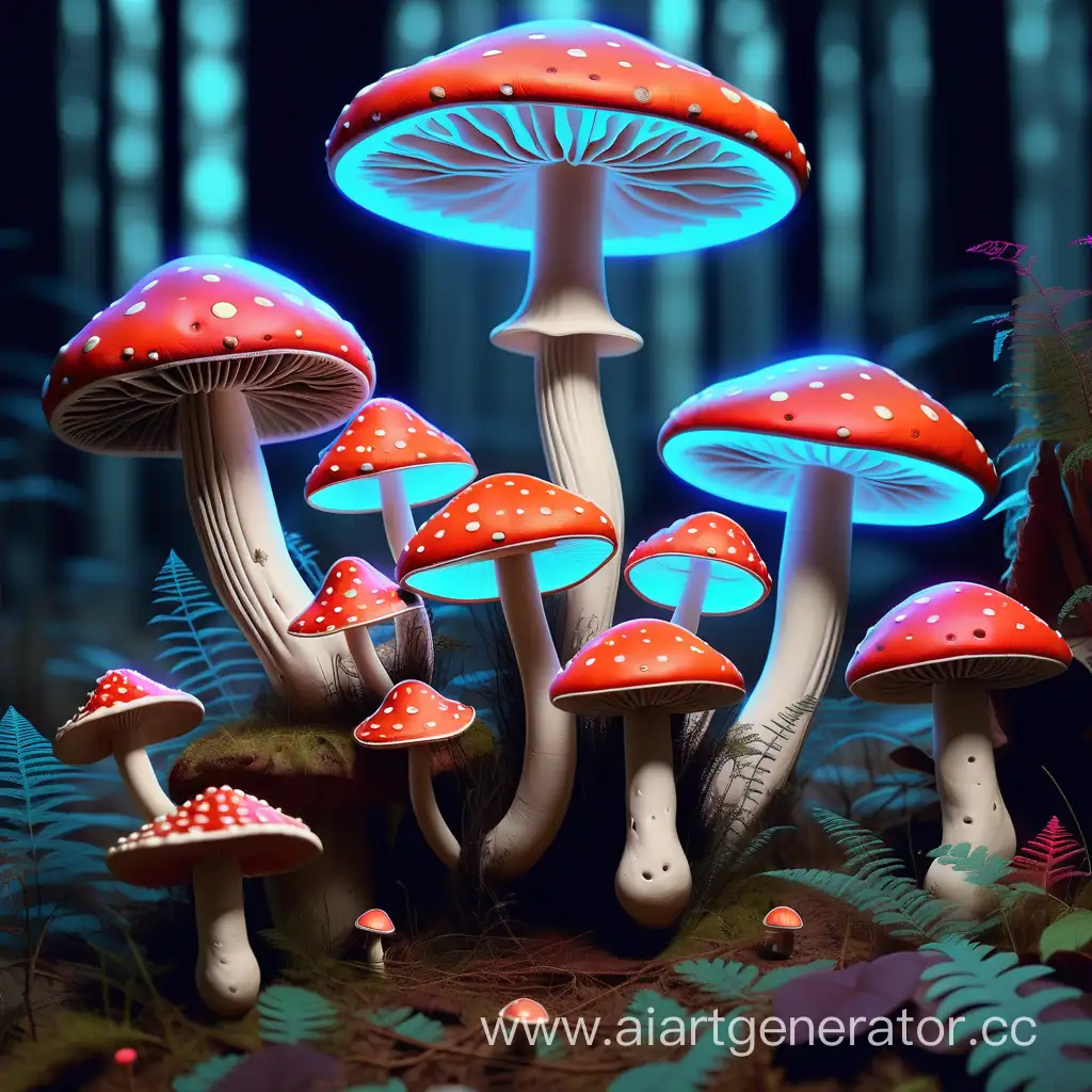 Шива грибной лес мухоморы неоновый свет космос звёзды