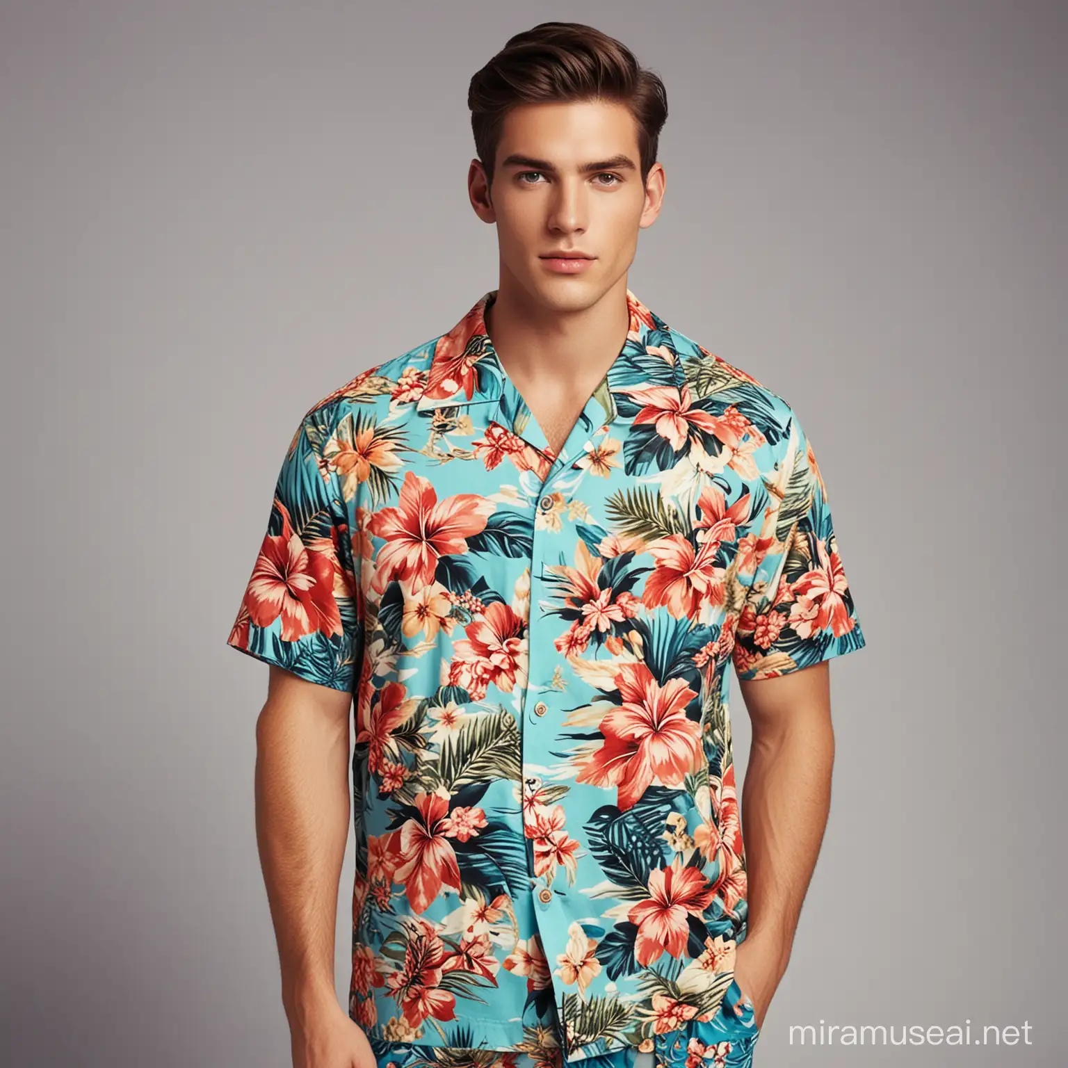 Male Model in Trendy Aloha Shirt on Tropical Beach