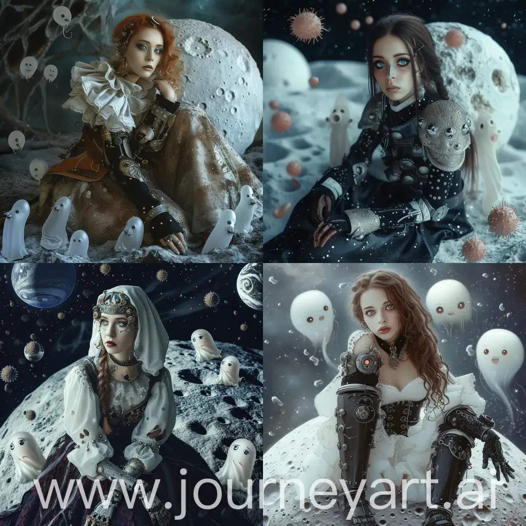 A cyborg steampunk medieval woman with beautiful eyes. She is sitting on the moon Europa and surrounded by cute bacteria ghosts. Photographic