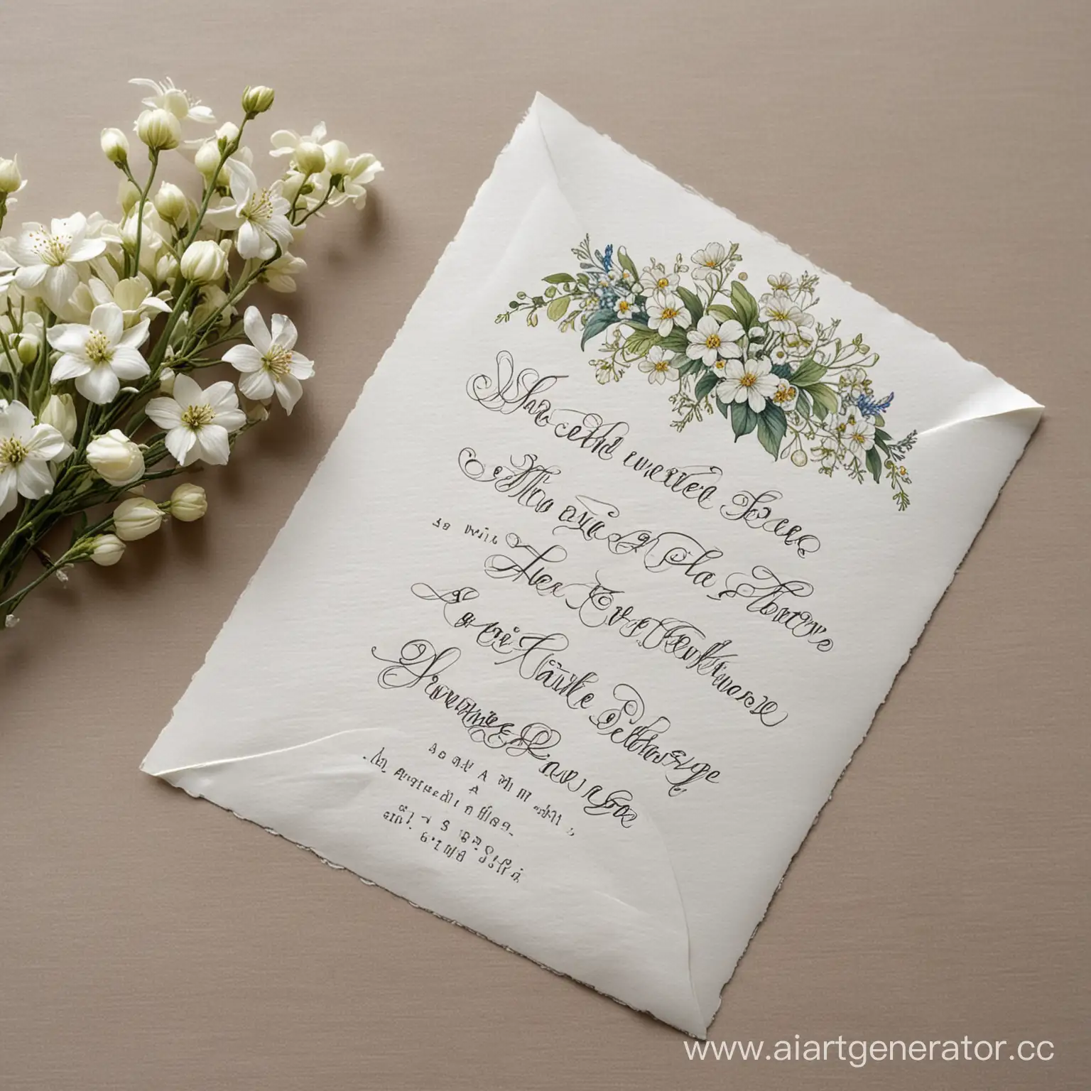A note on a scrap of paper, with the inscription "Shall we write a fairy tale together?", in Russian, in a beautiful font, thin, painted, next to it is an envelope opened and white flowers. 