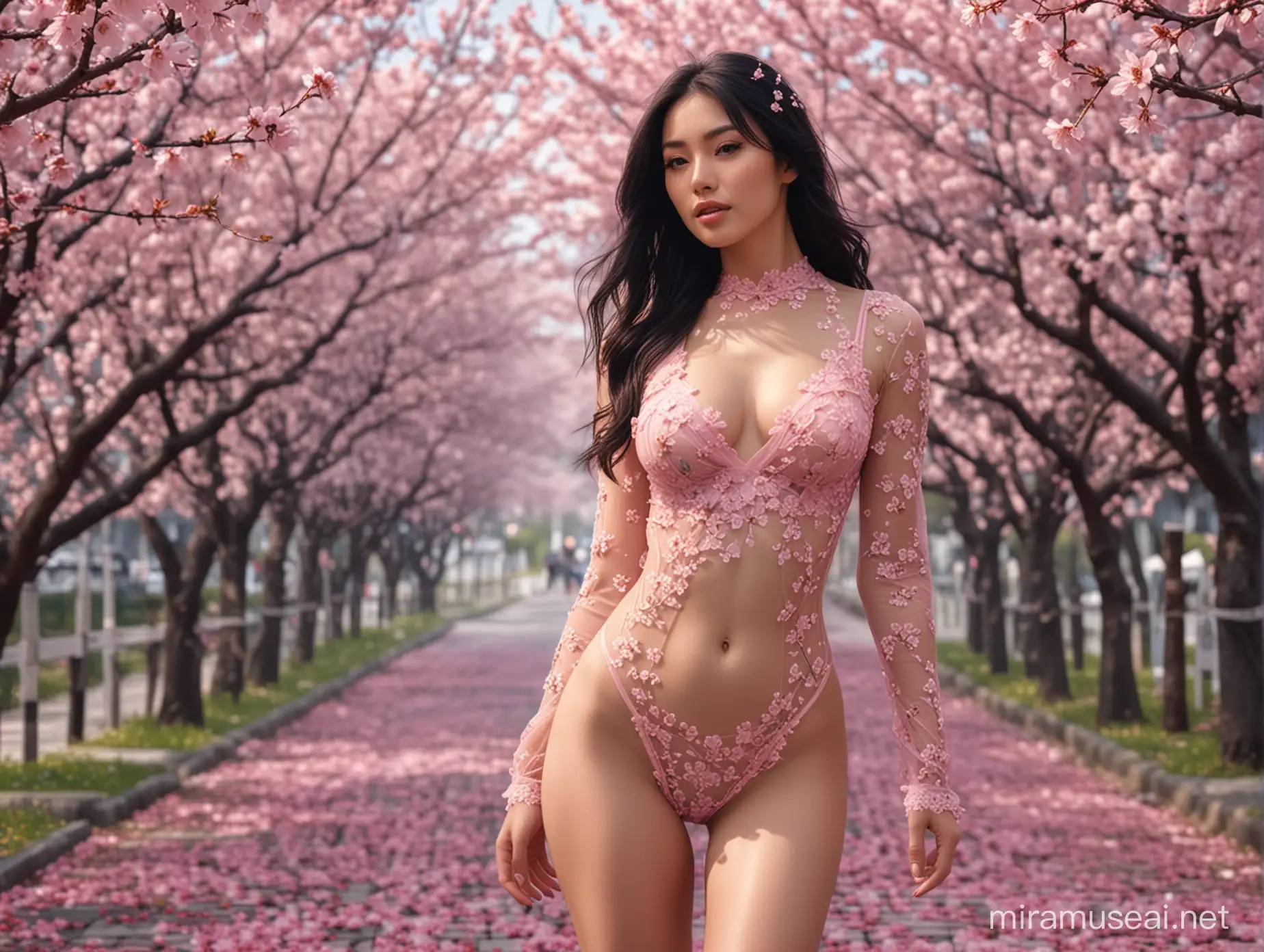 Sakura Japan cherry blossom in flower with leading lines, beautiful Gorgeous pretty tall woman with long black hair among cherry blossom trees, wears a pink transparent lace bodysuit, made of cherry blossom petals , image Hyper realistic UHD, Photo Pro hyper detailed, 8K.