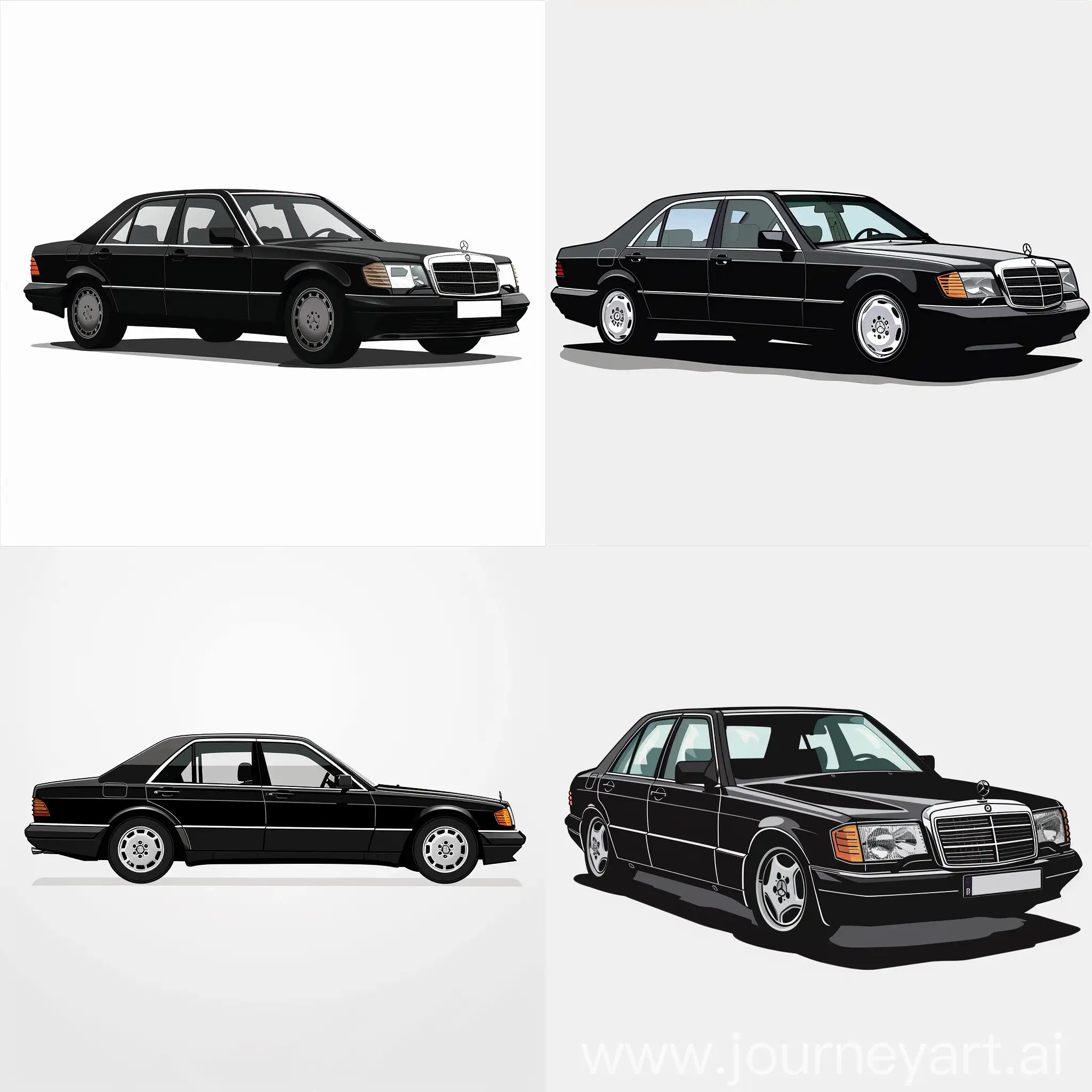 Minimalist-2D-Illustration-of-Black-Mercedes-Benz-S320-1992-on-White-Background