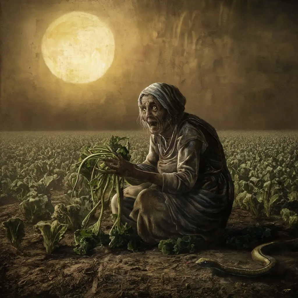 Elderly Woman Harvesting Cucumbers Under Intense Sunlight Amidst Eerie Atmosphere