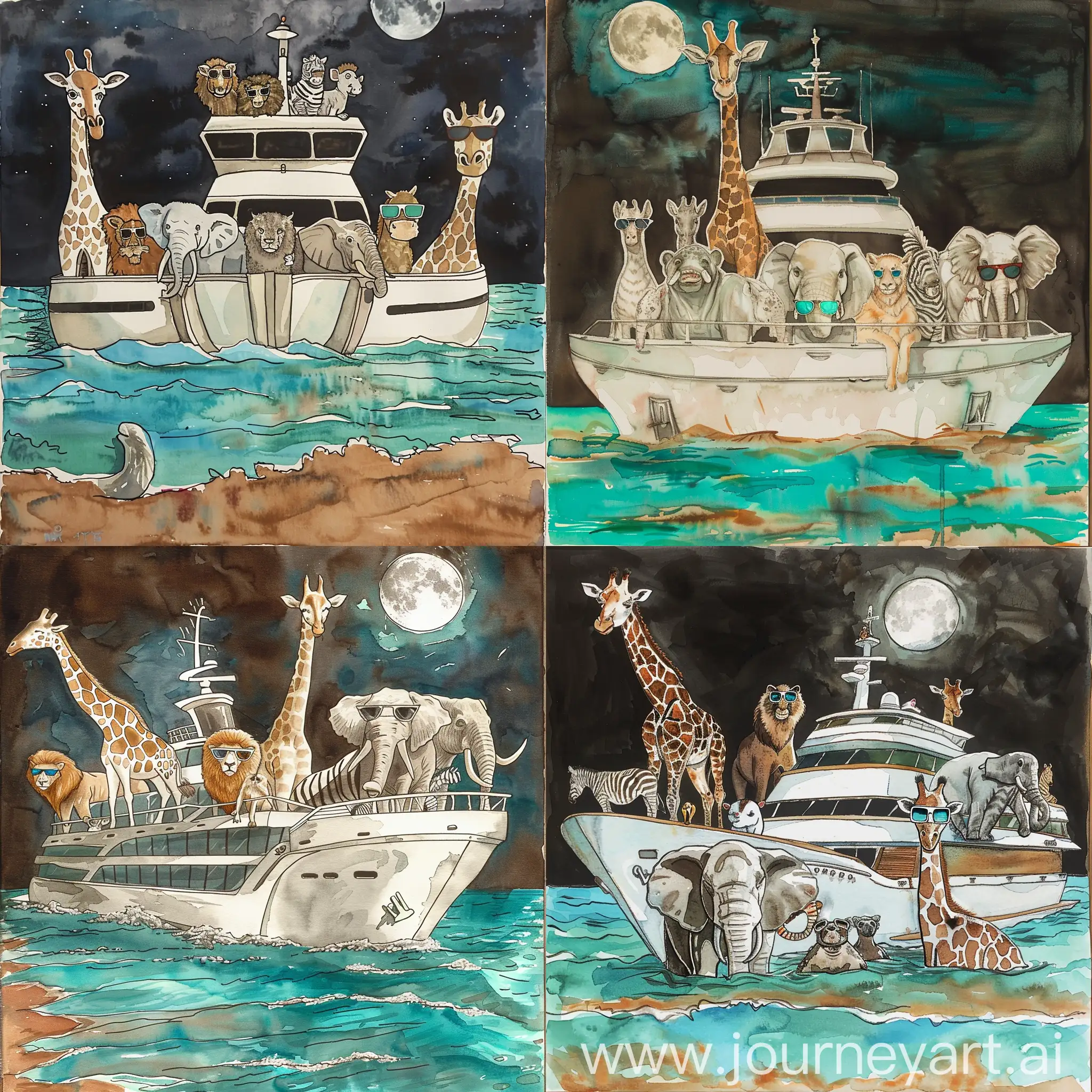 Luxurious-Noahs-Ark-Yacht-Watercolor-Painting-with-SunglassesWearing-Animals