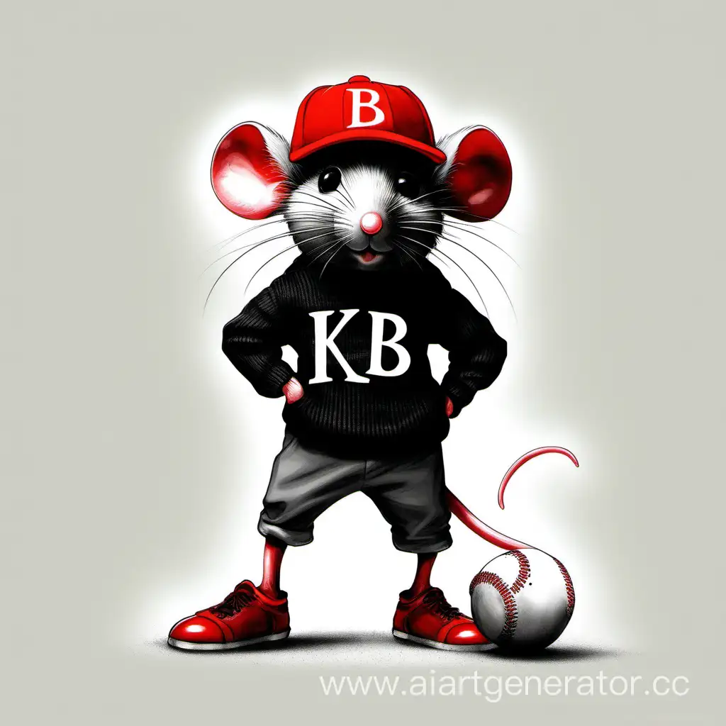 Мышь стоит на 2 лапах в красной бейсболке, чёрной кофте с надписью КБ