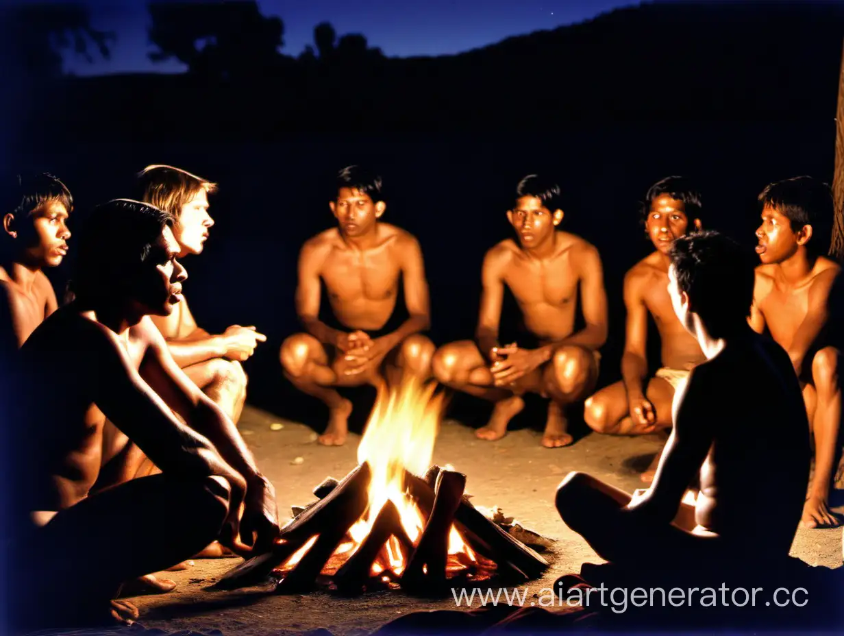 A California Indian tells a sad story to a group of young peasants in loincloths sitting around a fire in the darkness of the night. PEOPLE'S MOUTHS ARE CLOSED.