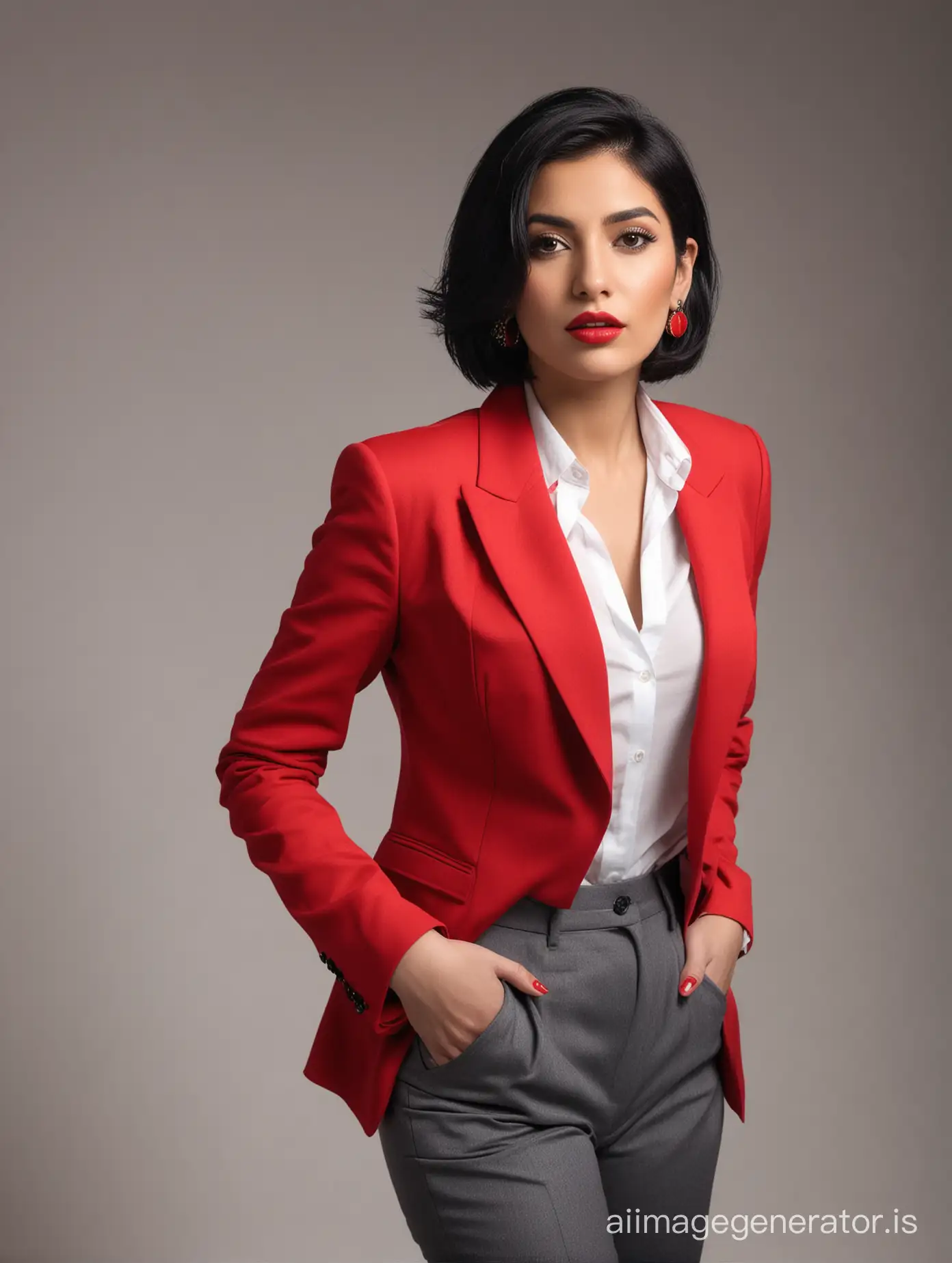 iranian woman 30 years old, red blazer, white shirt, red earrings, red lipsticks, black bob hair, full body, blank shite background, dramatic lighting