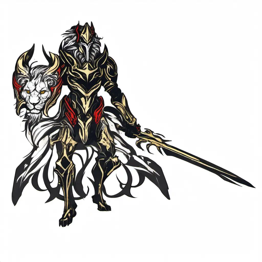 Warframe style lion themed warrior knight, gold black and red 