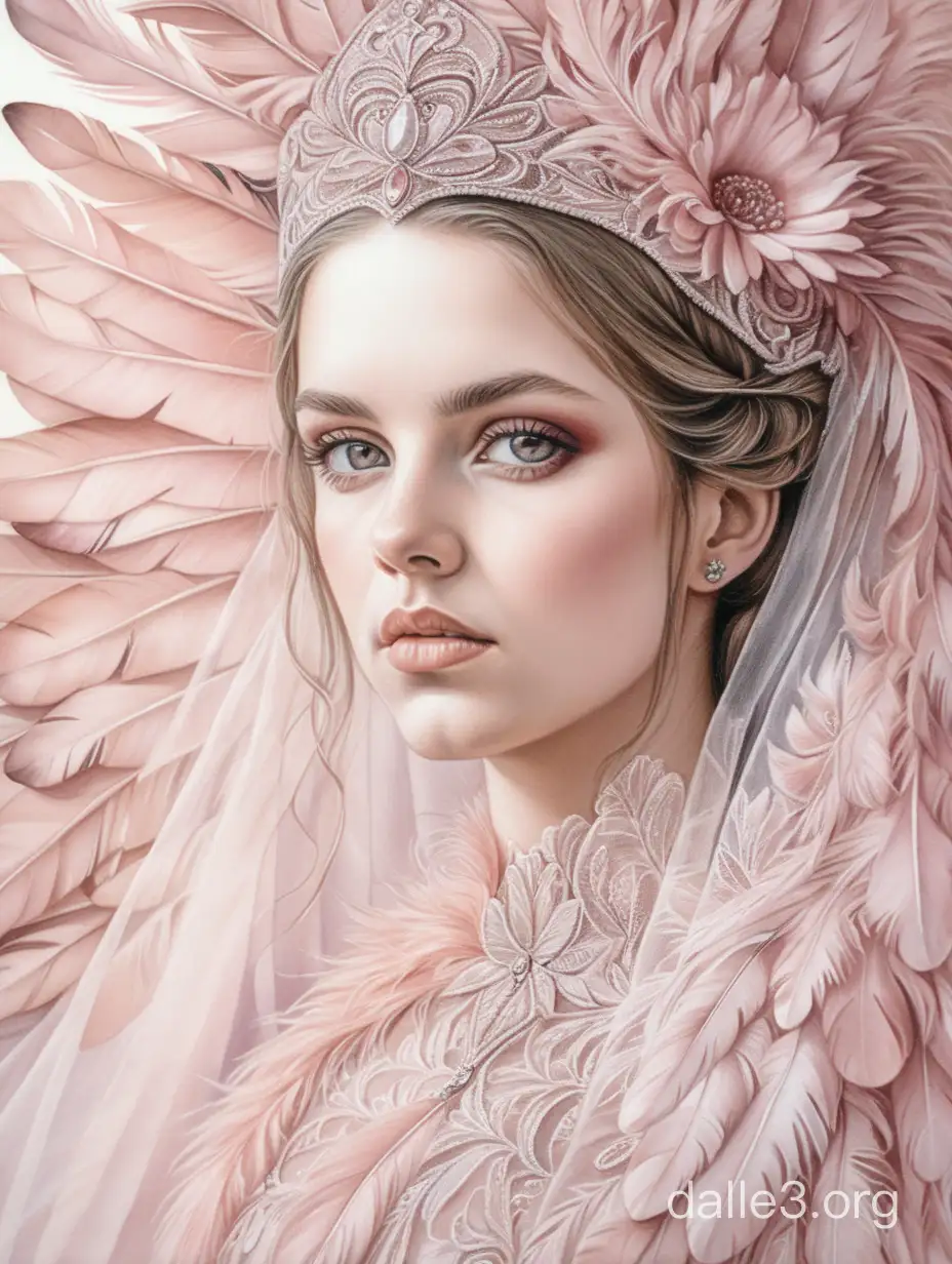 Watercolor drawing, photo portrait, realism, full face. Woman, feathers, languid look, pale pink, tulle, veil, chiffon, patterned embroidery, brocade, digital-art, pixel art, high detail, intricate details, elegant, aesthetic, lineout, realistic, high quality, work of art, hyperdetalization, professional, filigree, overdetalization, hyperrealism