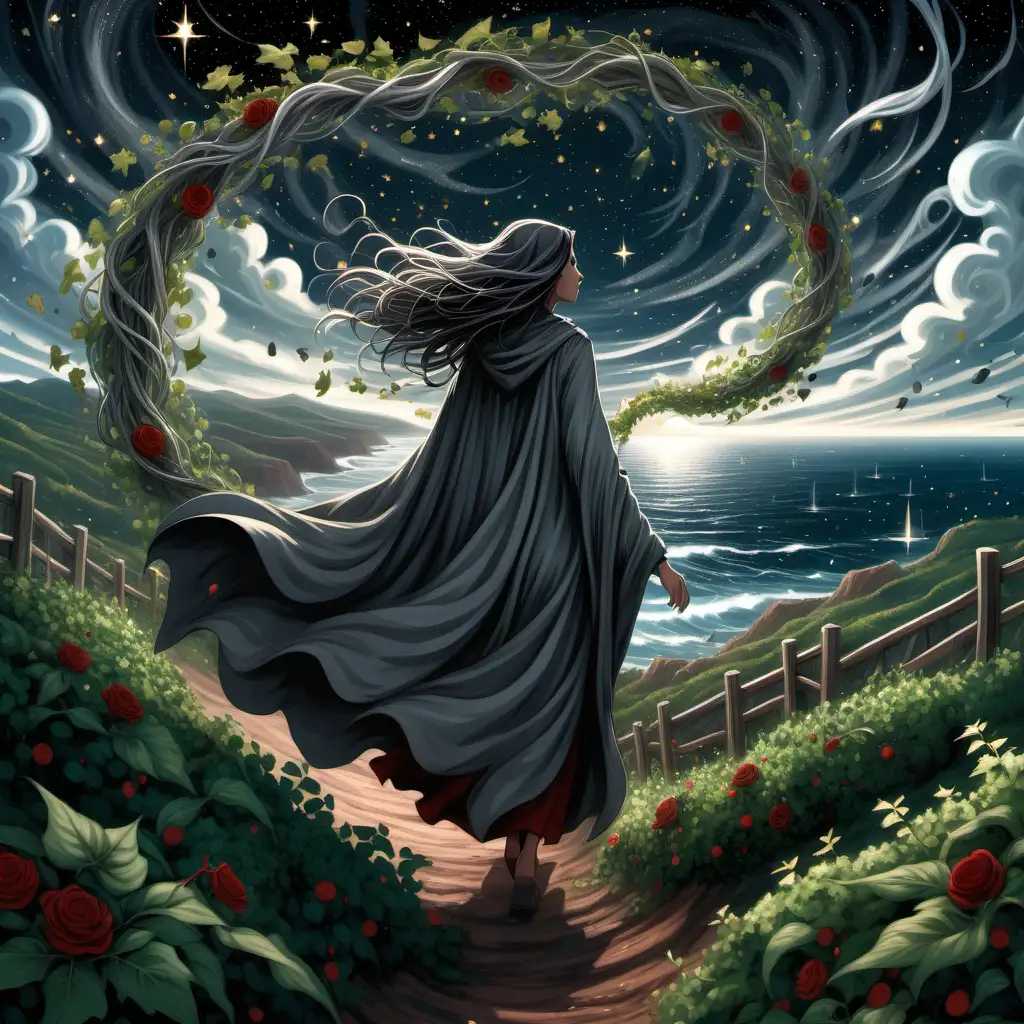 A gray-cloaked woman surrounded by a whirlwind of leaves is walking away on a hilltop overlooking a coastline underneath a starry sky.  Vines, branches, and white, red and green flower blooms grow rapidly from the ground to encase her.