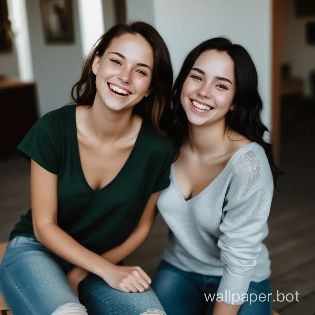 This is a real photo, taken at a gathering, of two beautiful American girls together. They are good friends who haven't seen each other for a long time. They are very happy to meet each other this time and are playing around with each other. Both girls are wearing V-neck clothes, very gorgeous, and the whole scene shows a happy and joyful atmosphere.