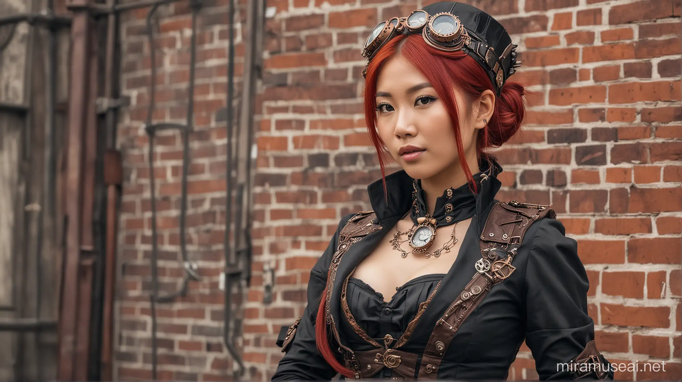 Asian Woman with Red Hair in Steampunk Attire