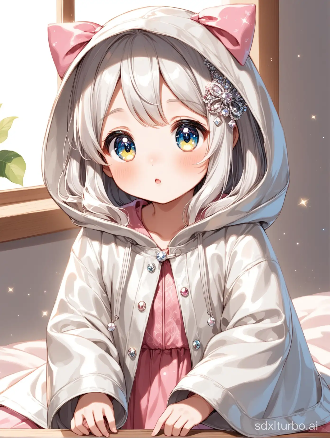 Super cute, innocent and naive princess, with innocent and pure big eyes, wearing a hood, silver coat, beautiful and lovely, sparkling hair accessories, OC rendering, blind box, lines, natural light V6, --niji 5