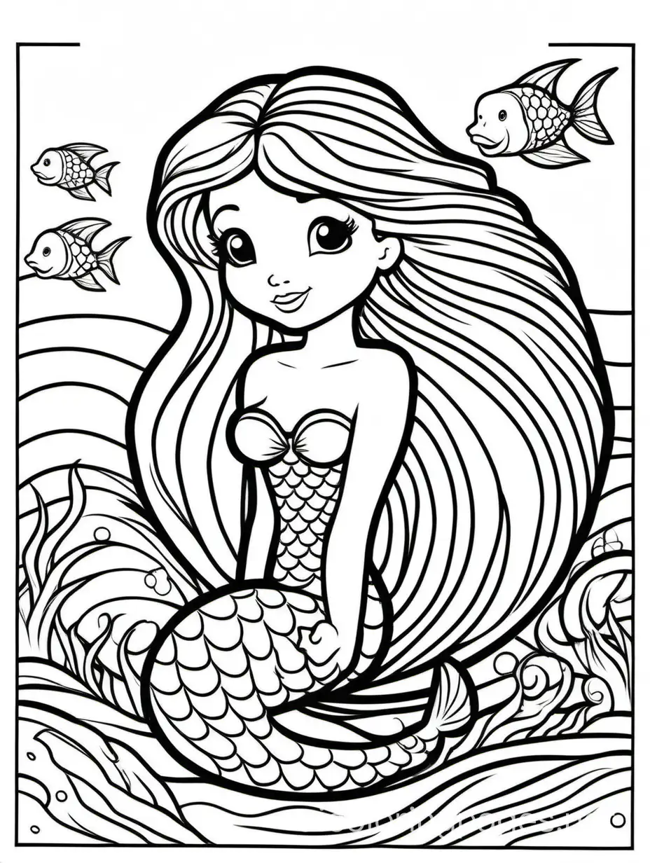 mermaid for kids, Coloring Page, black and white, line art, white background, Simplicity, Ample White Space. The background of the coloring page is plain white to make it easy for young children to color within the lines. The outlines of all the subjects are easy to distinguish, making it simple for kids to color without too much difficulty