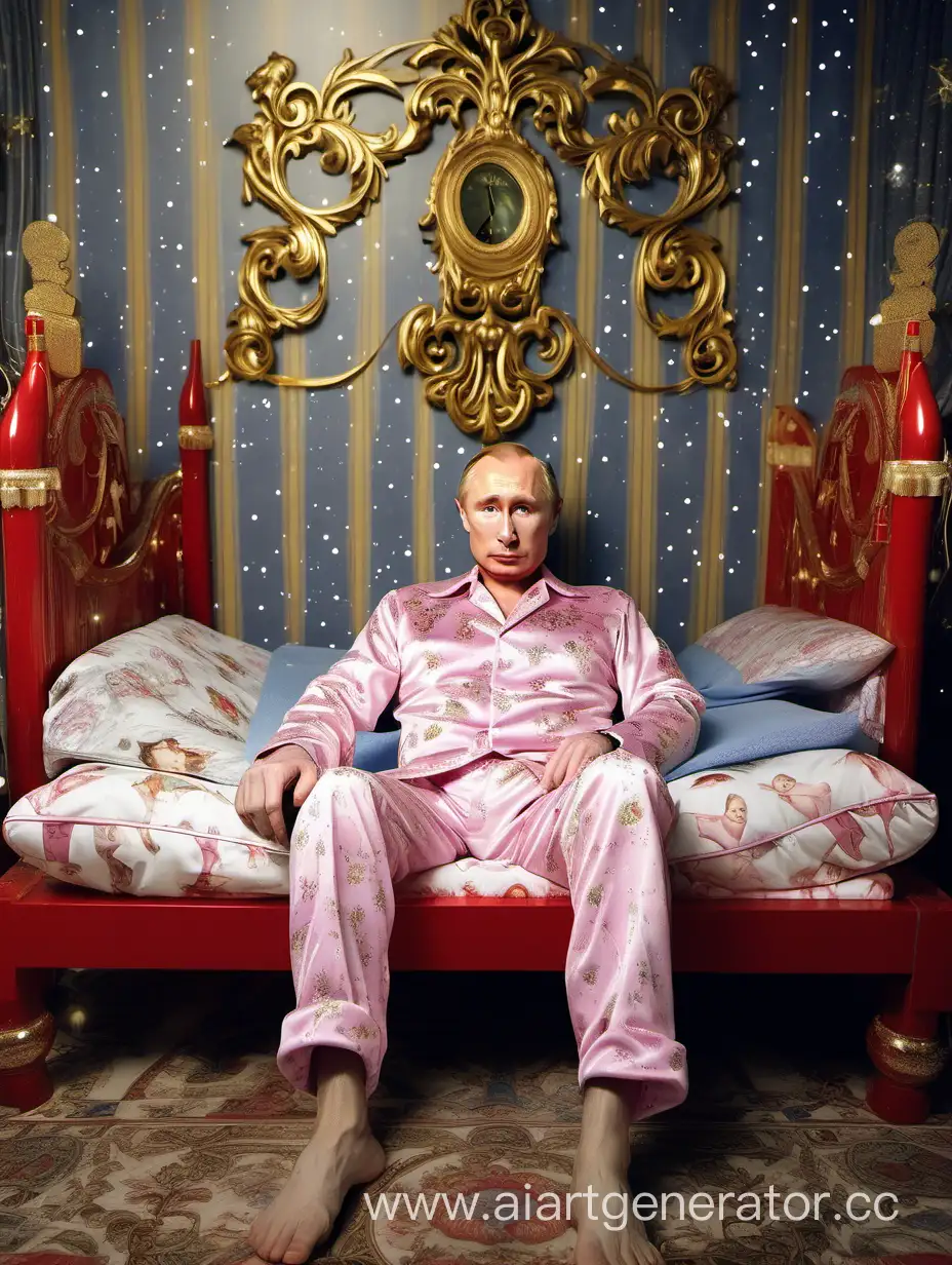 Владимир Владимирович Путин в новогодней пижаме лежит в новогодней кроватке дорогой