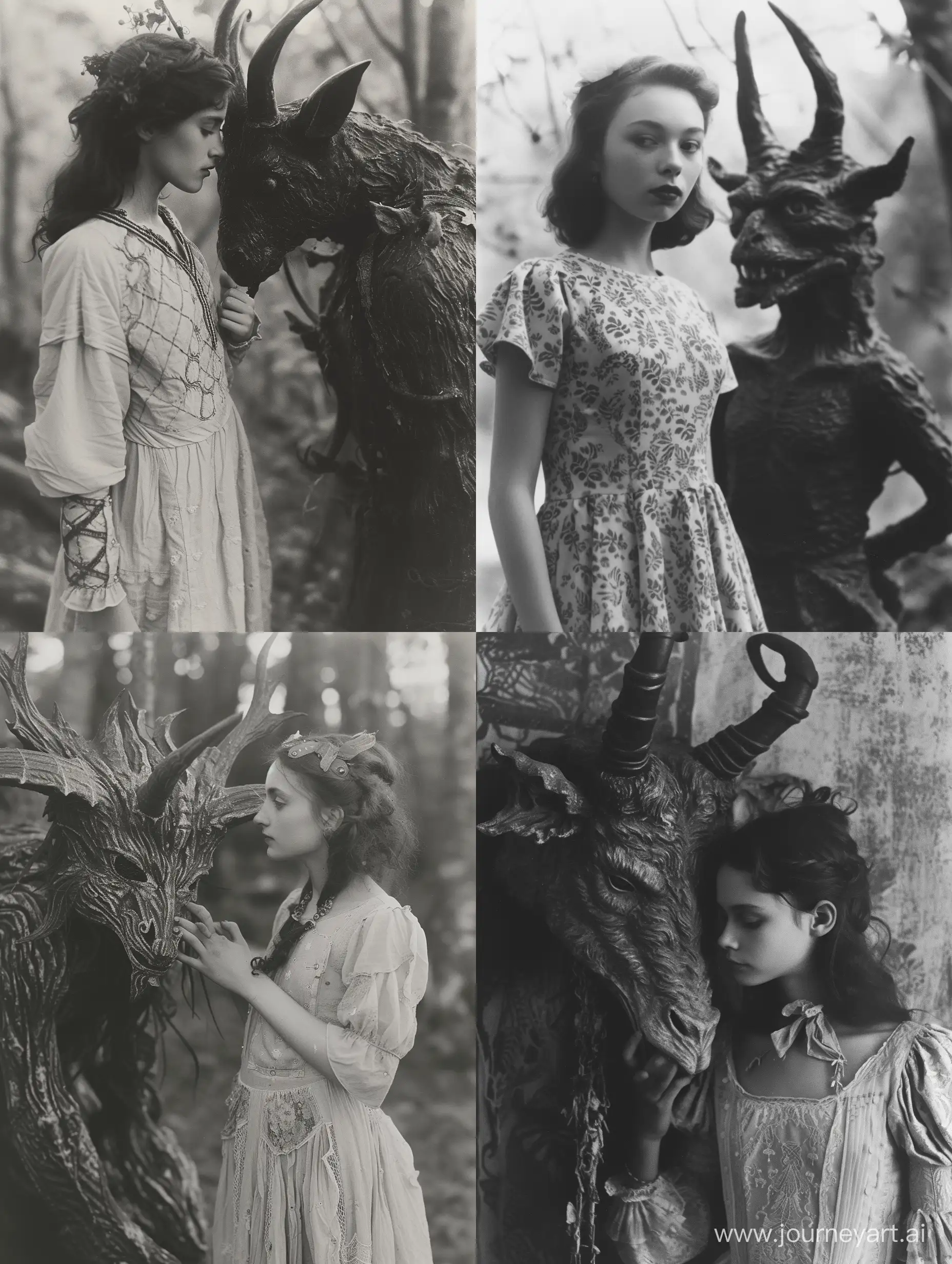 grayscale photo that evokes folk horror, capturing a mysterious and unsettling yet beautiful encounter between a beautiful young woman in a vintage dress and a dark demonic deity, attention to detail, folk horror, dark aesthetic, dark folk, dark magic, taken on provia --v 6 --ar 3:4 --no 69274