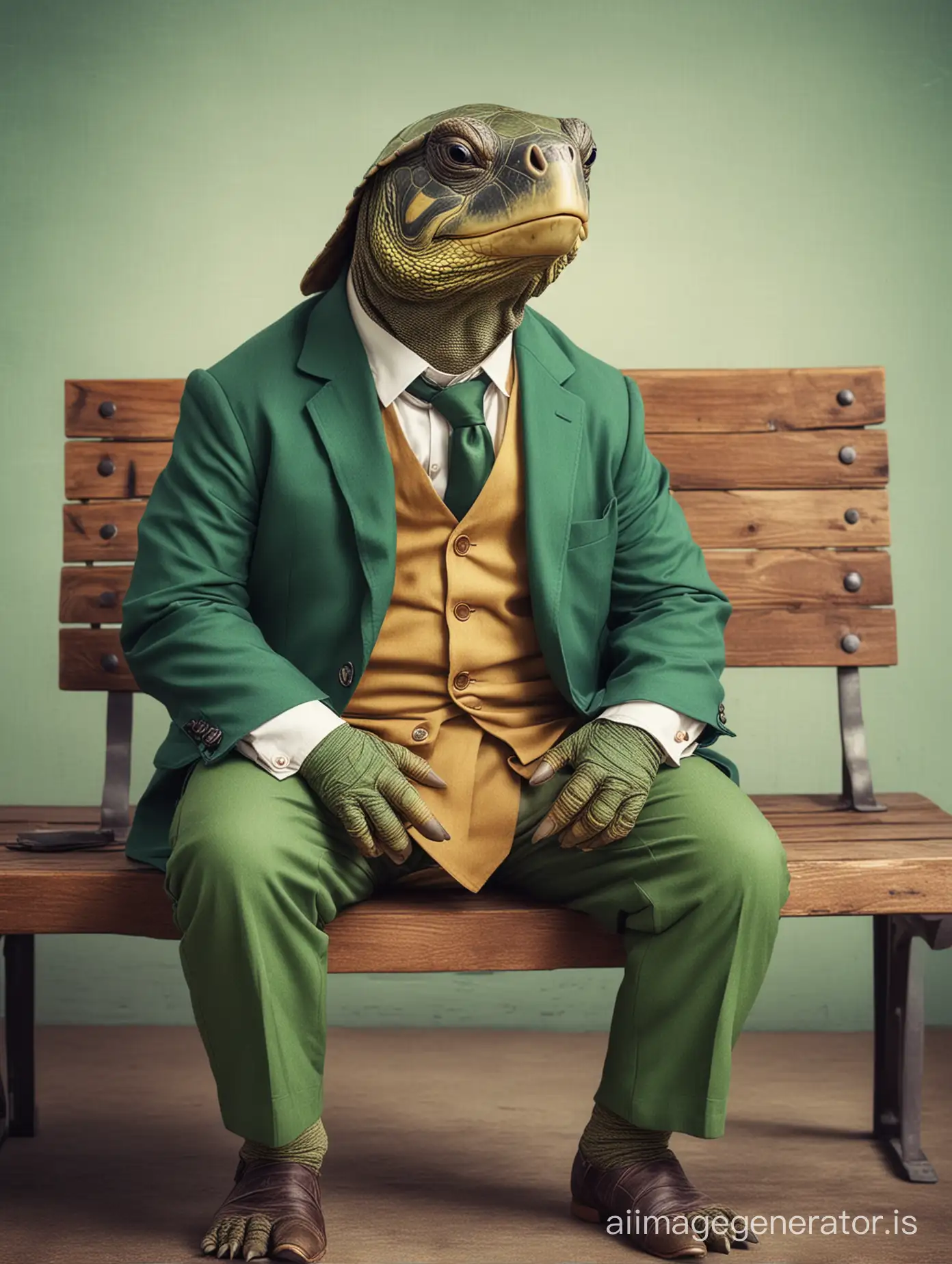 a turtle wearing green vintage suit sitting on bench in the office and work for accounting