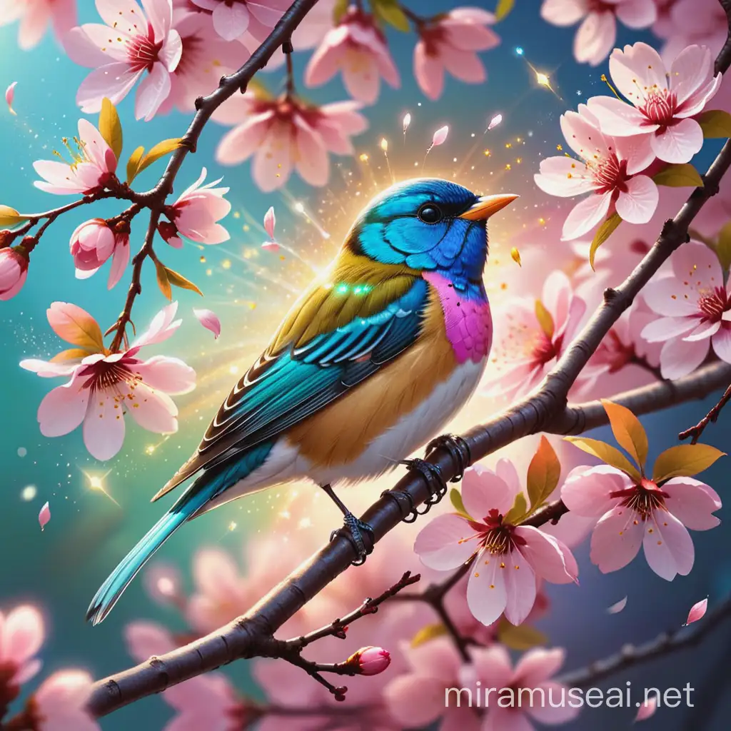 a brightly coloured songbird sits on a sakura branch and sings, the bird's feathers sparkle and sparkle, the bird glows very beautifully