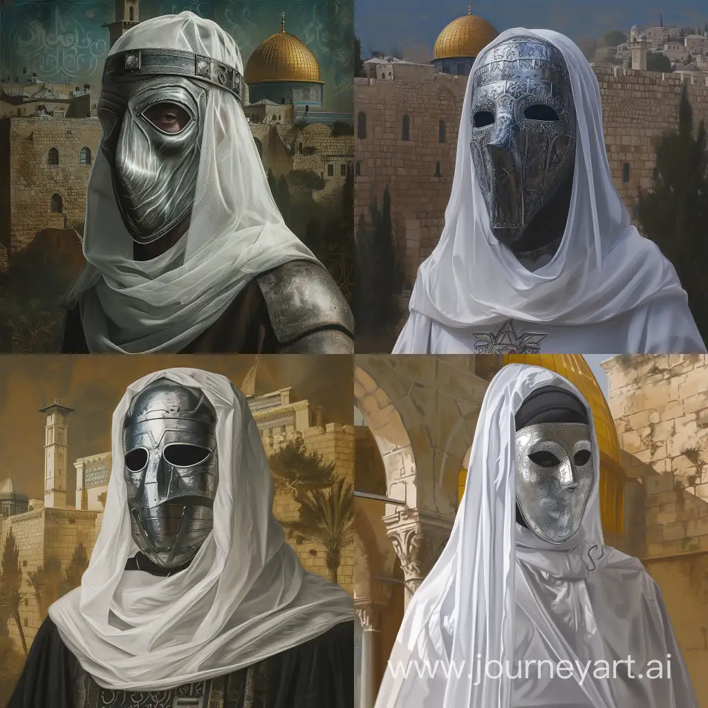 Digital artwork of The Leper King Baldwin IV of Jerusalem He is wearing his iconical full face covered silver mask and white veil. Jerusalem themed background. Digital art.