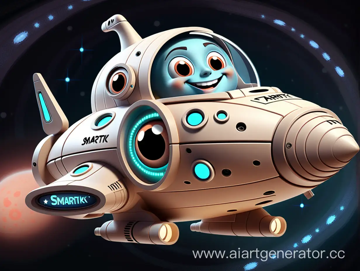 Мультяшный космический кораблик с глазками и улыбкой на борту надпись "Смартик" на базе "звёздный путь"