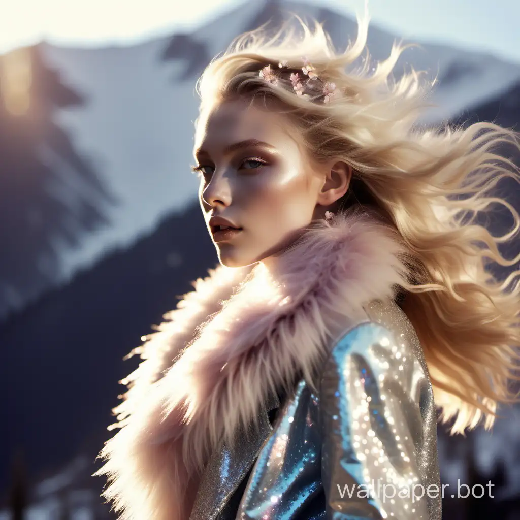full shot street photography, blonde model, pale dewy skin, iridescent glitter on face, small pale pastel flowers in hair, hair is gently blowing in breeze, haute couture fur coat, background is snowy mountain side, golden hour, upsplash, f/1.8, uplighting  --stlye raw --s400
