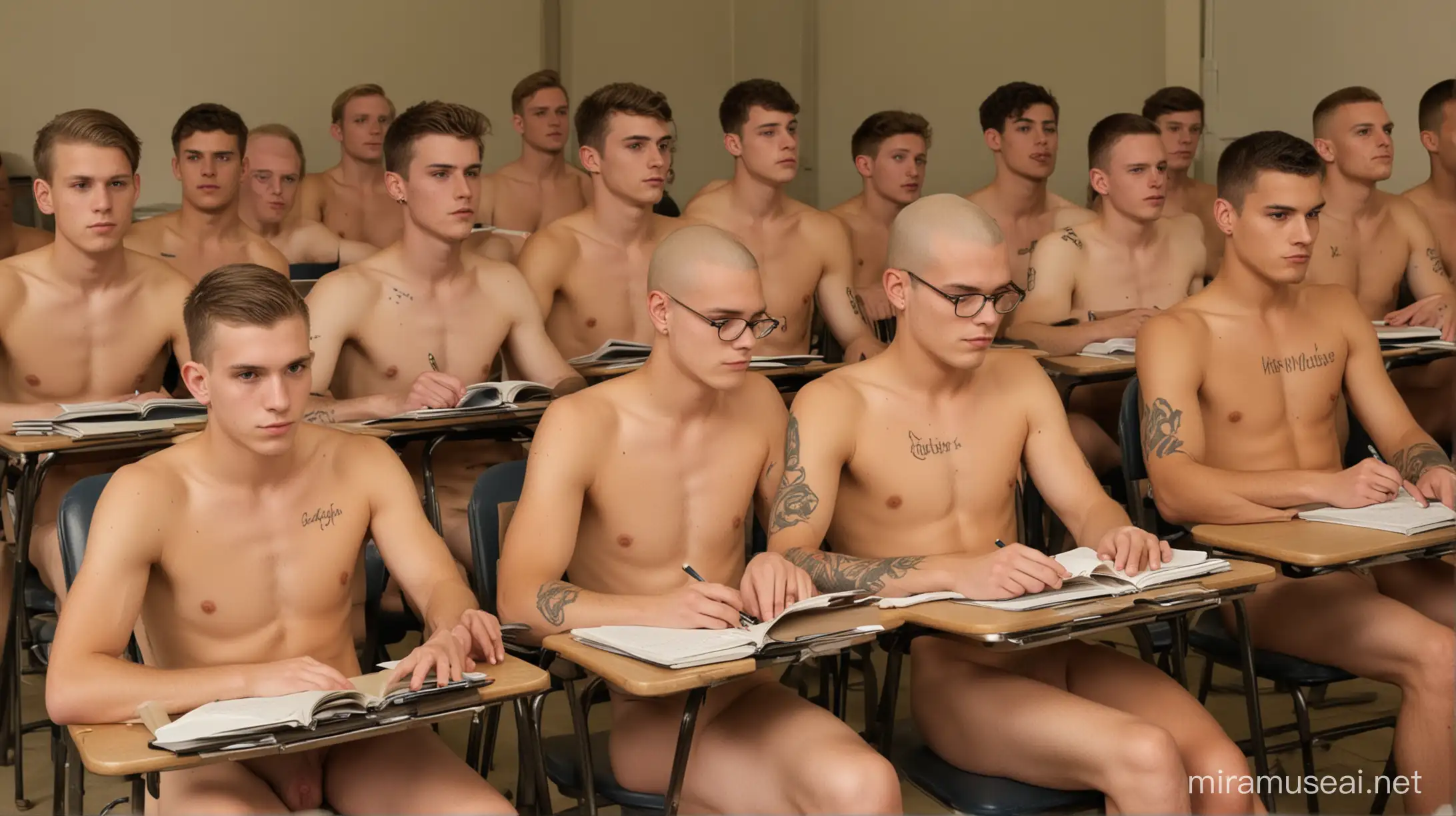 Diverse Group of Young Men Studying Naked in Classroom Setting