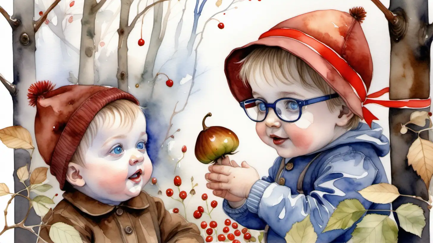 Enchanting Watercolor Pixie Collecting Rosehips with Baby Girl in English Wood