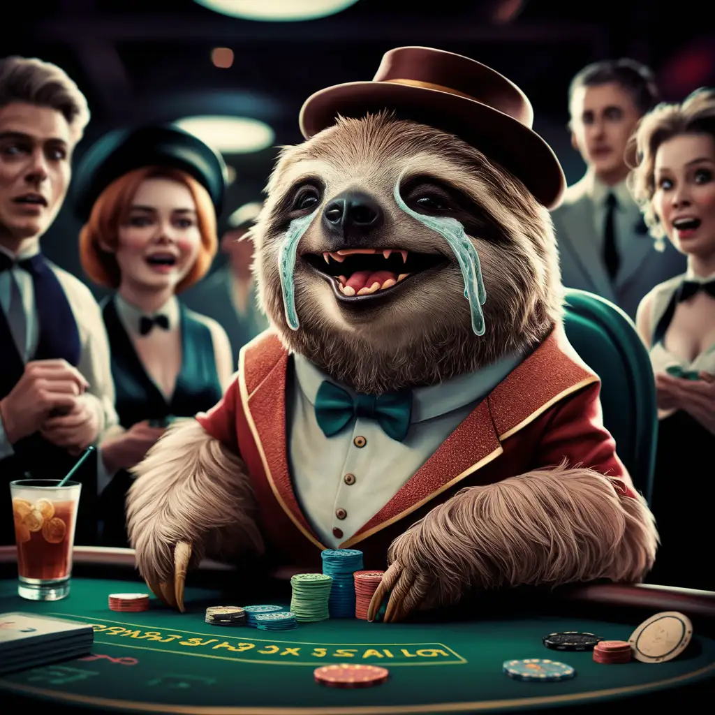sloth is playing casino and laughing cry