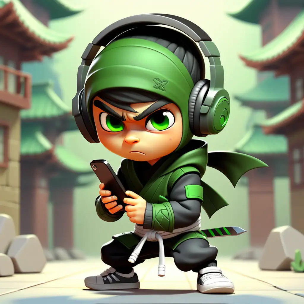 kleiner süßer mini ninja mit Schwertern in grün. Hintergrund ist clear. Figur hat Kopfhörer auf und ist am handy. er trägt sneaker. Pupillen sind zu sehen. hohe details