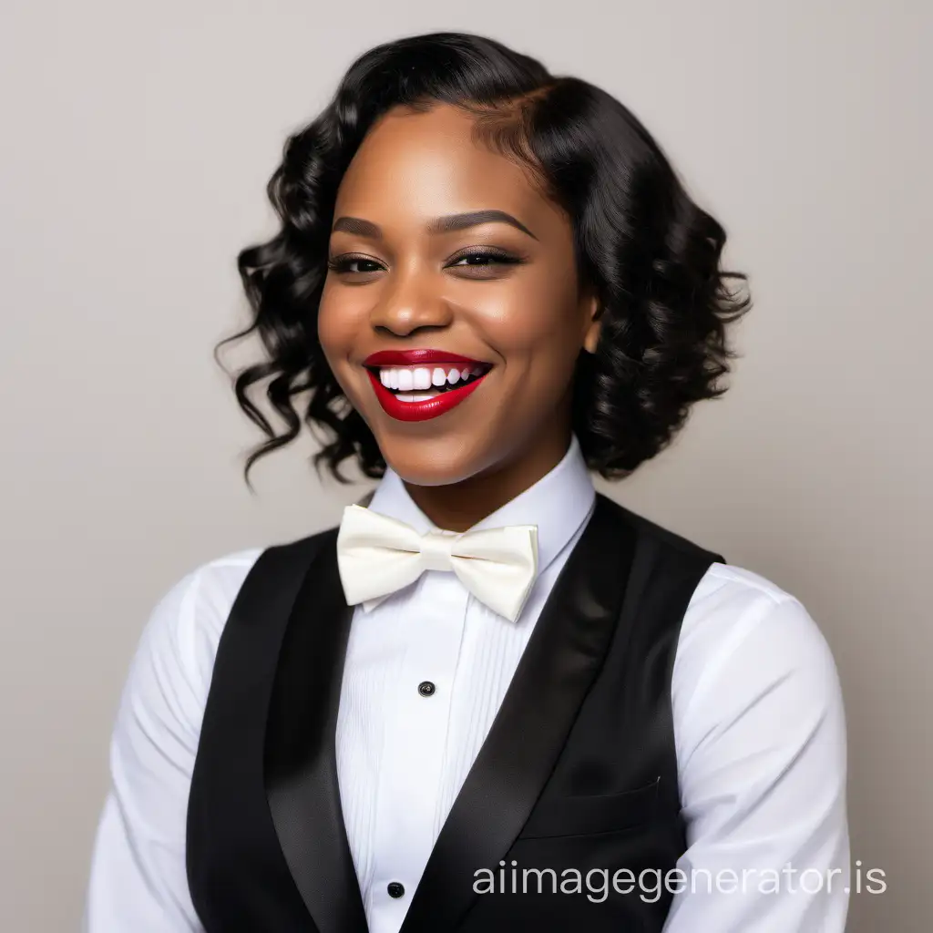 smiling and laughing black woman with shoulder length hair wearing a tuxedo, wearing a white shirt, wearing a bow tie, wearing lipstick