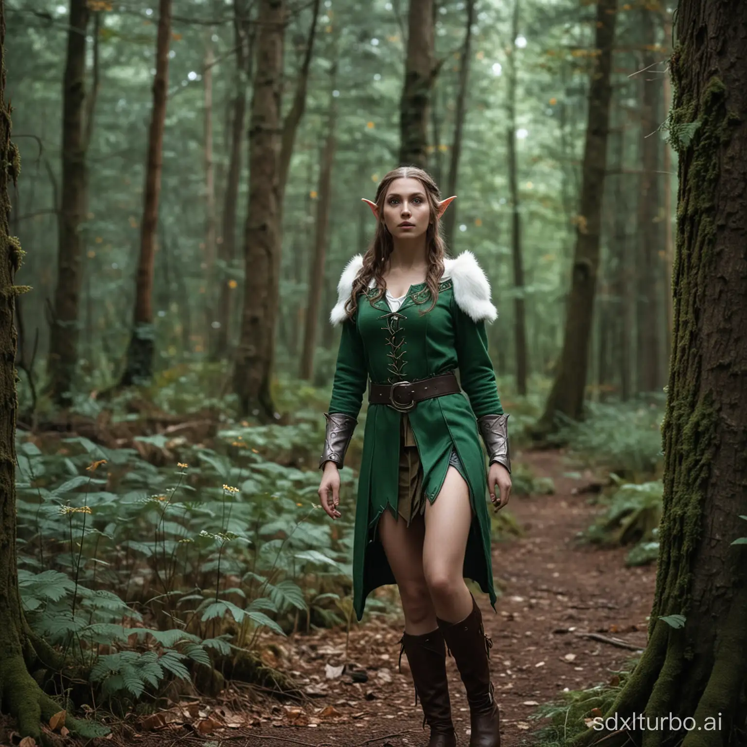 A female elf in the forest.