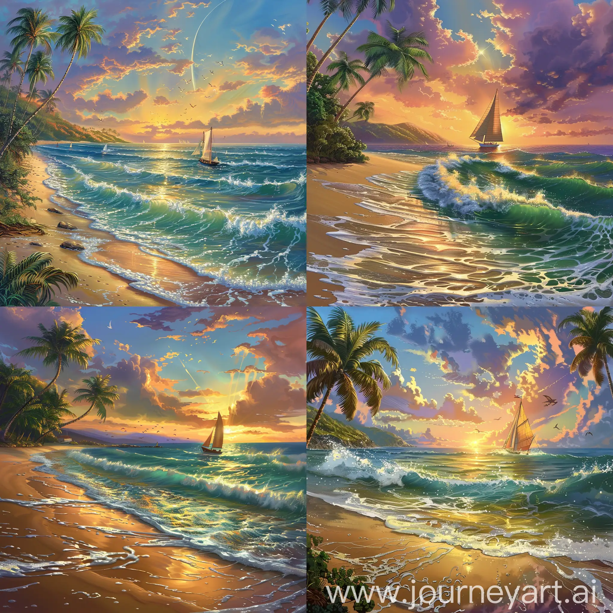 Generate a tranquil coastal landscape with golden sandy beaches, gentle waves lapping against the shore, and palm trees swaying in the breeze. Include a colorful sunset painting the sky with warm hues, and a distant sailboat adding a sense of adventure and serenity to the scene. The image should evoke a feeling of relaxation and escape.