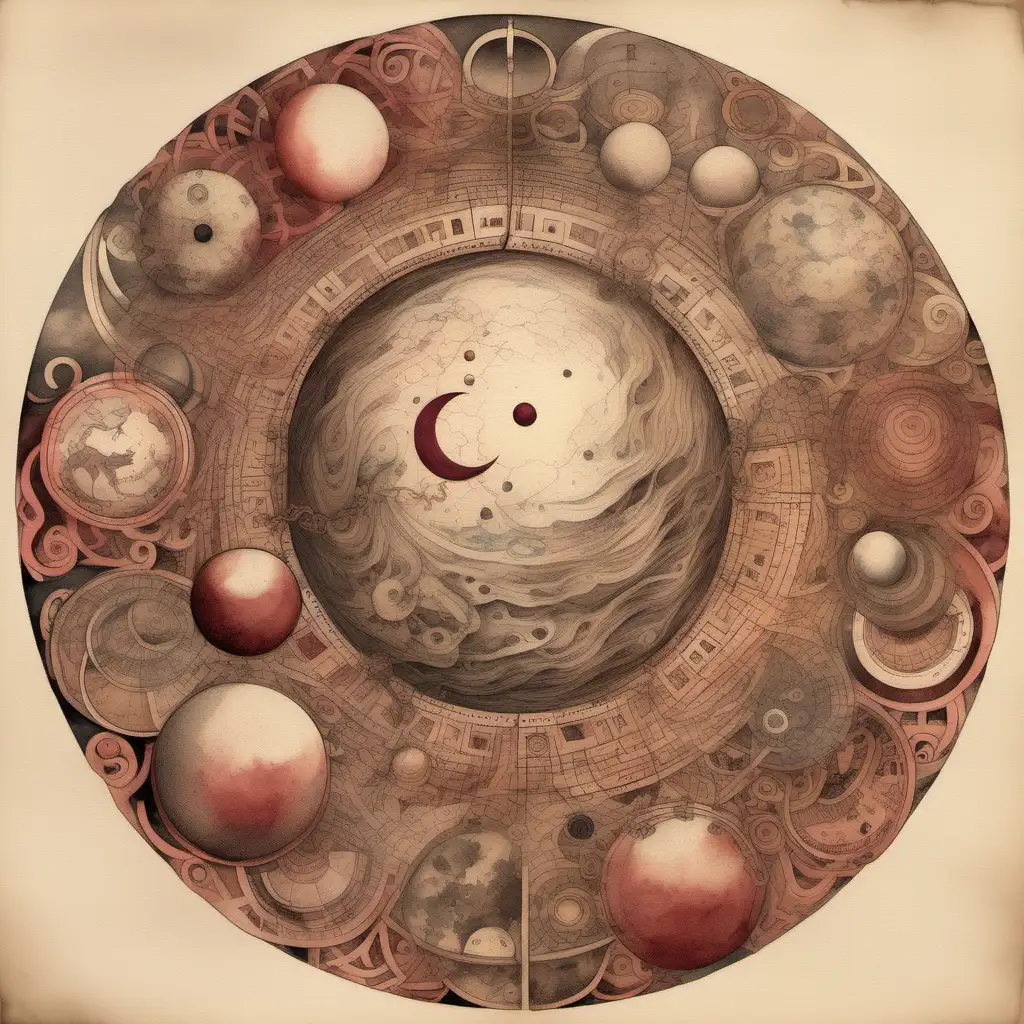 
Circular design of a planet with objects in the middle, in the style of renaissance-inspired draftsman, pulled scraped and scratched line drawing depictions of theater, staining, automatic drawing, add burgundy color, on dirty white paper, Astrology occult tattoos, irregularities moon eclipse, in the style of muted watercolor palettes, etching, , whirring contrivances, swirling vortexes, playfully intricate, puzzle-like elements , pastel color