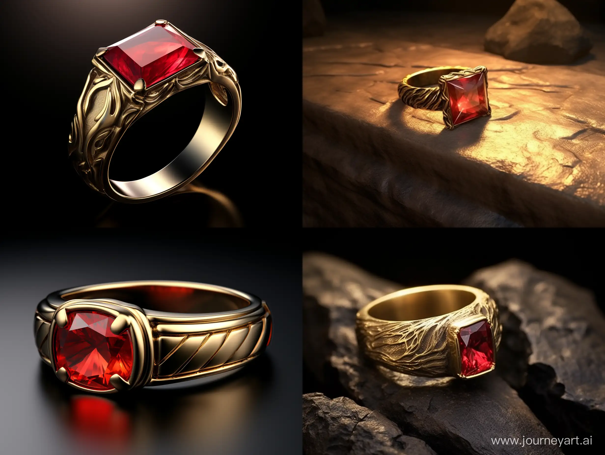 wide fantasy golden ring, with a red rectangle stone that is being held by veins and is misaligned on top of the ring