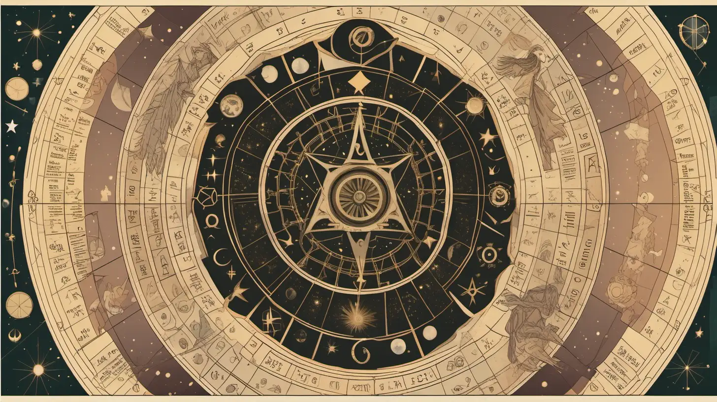 astrological wheel , in the style of muted palettes, esoteric items, , witchcraft, add banner, geometric shapes, triangle